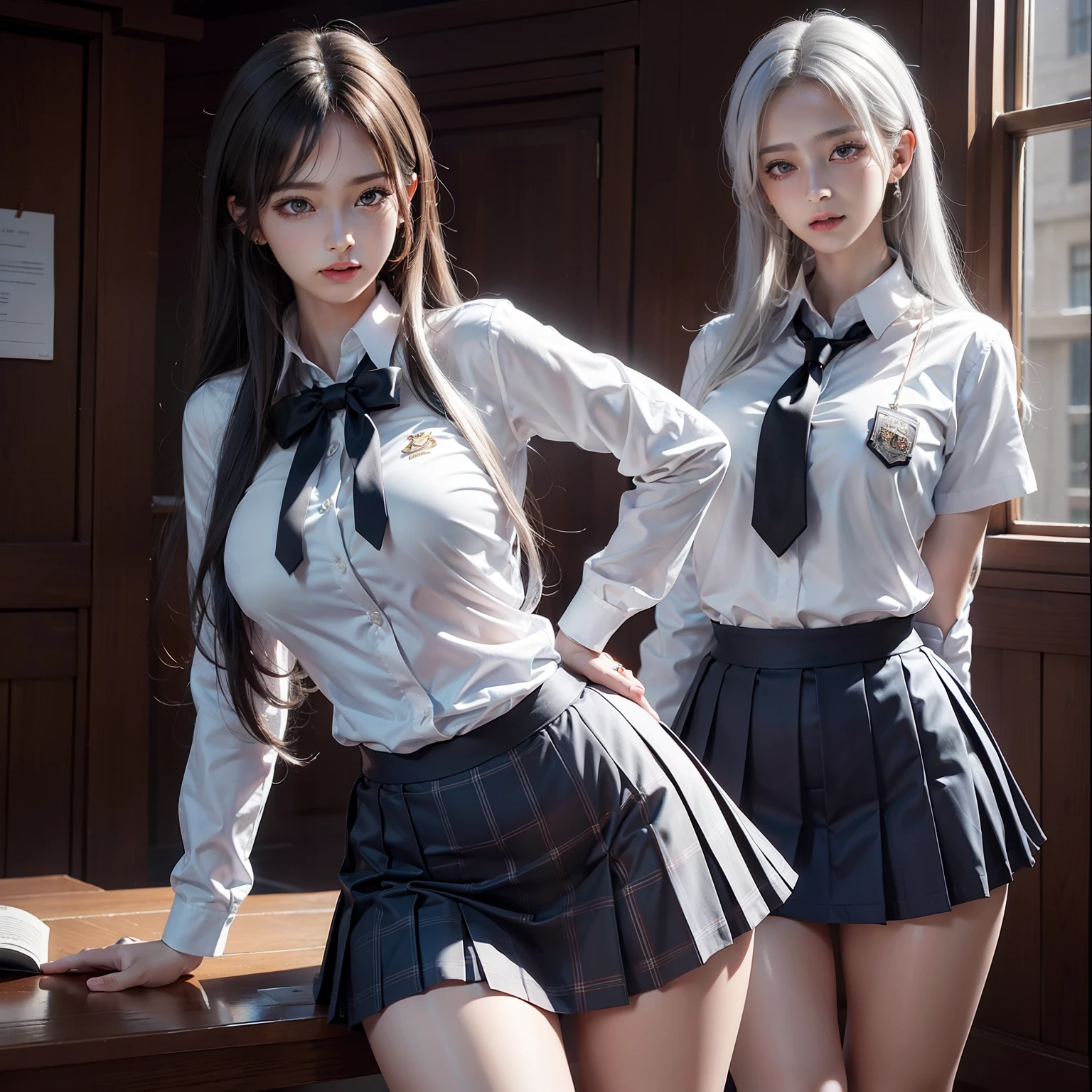 schoolgirls,Transparent clothes, no underwear, short white hair, upper body, front, flat chest