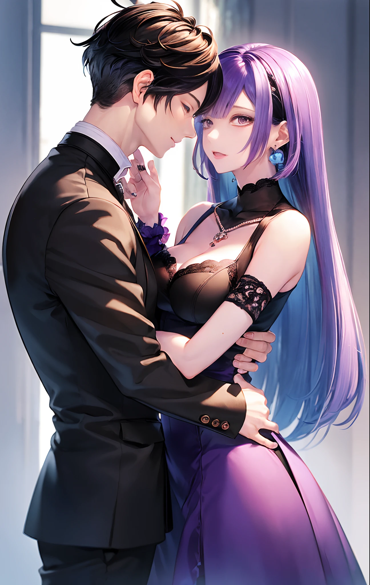 ​masterpiece, top-quality, 2Others, ((Male couple)), 1 man and 1,, Adults, Height difference, different fashion, different color, finely eye and detailed face, intricate detailes, Casual clothing, Oversized shirt, Modern urban streets, A smile, Happiness, tenderness, queers, high-level image quality、 ((Two beautiful men))、tall、The upper part of the body、nightfall、nighttime scene、𝓡𝓸𝓶𝓪𝓷𝓽𝓲𝓬、Two Men Kissing, Korean Male, Idol Photos, k pop, Professional Photos, Vampires, Korean fashion in black and white, Fedoman with necklace, inspired by Sim Sa-jeong, androgynous vampire, :9 detailed face: 8, extra detailed face, detailed punk hair, ((eyes are brown)) baggy eyes, Seductive. Highly detailed, semi realistic anime, Vampires, hyperrealistic , delicate androgynous prince, imvu, short hair above the ears, Man with short hair, ((Purple-haired man with a glaring expression and a man with light blue hair with a gentle expression)), ((With a short-haired man with bright purple hair)), ((Man with light blue hair)), kiss together, Kissing each other, ((Two people))