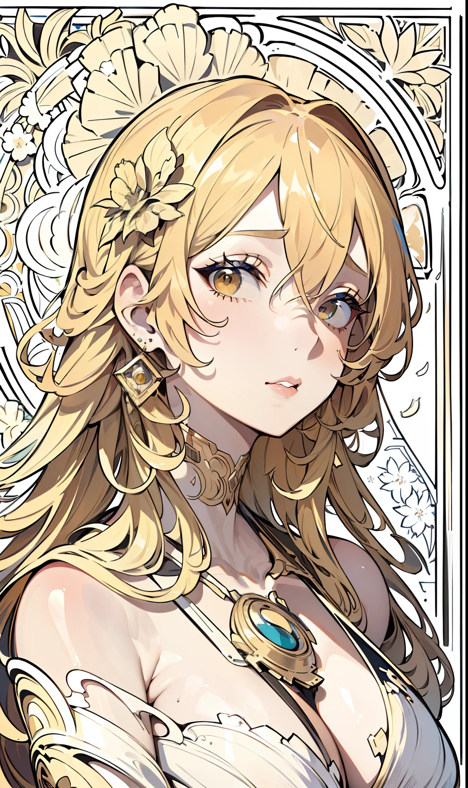 (Masterpiece, Best Quality, Highres:1.4), face portrait of a European female , long curly hair, blond, floral frame, Decorative panels, abstract artistic, Alphonse Mucha, Intricate Details, 4K, color splashes, line art, fibonacci