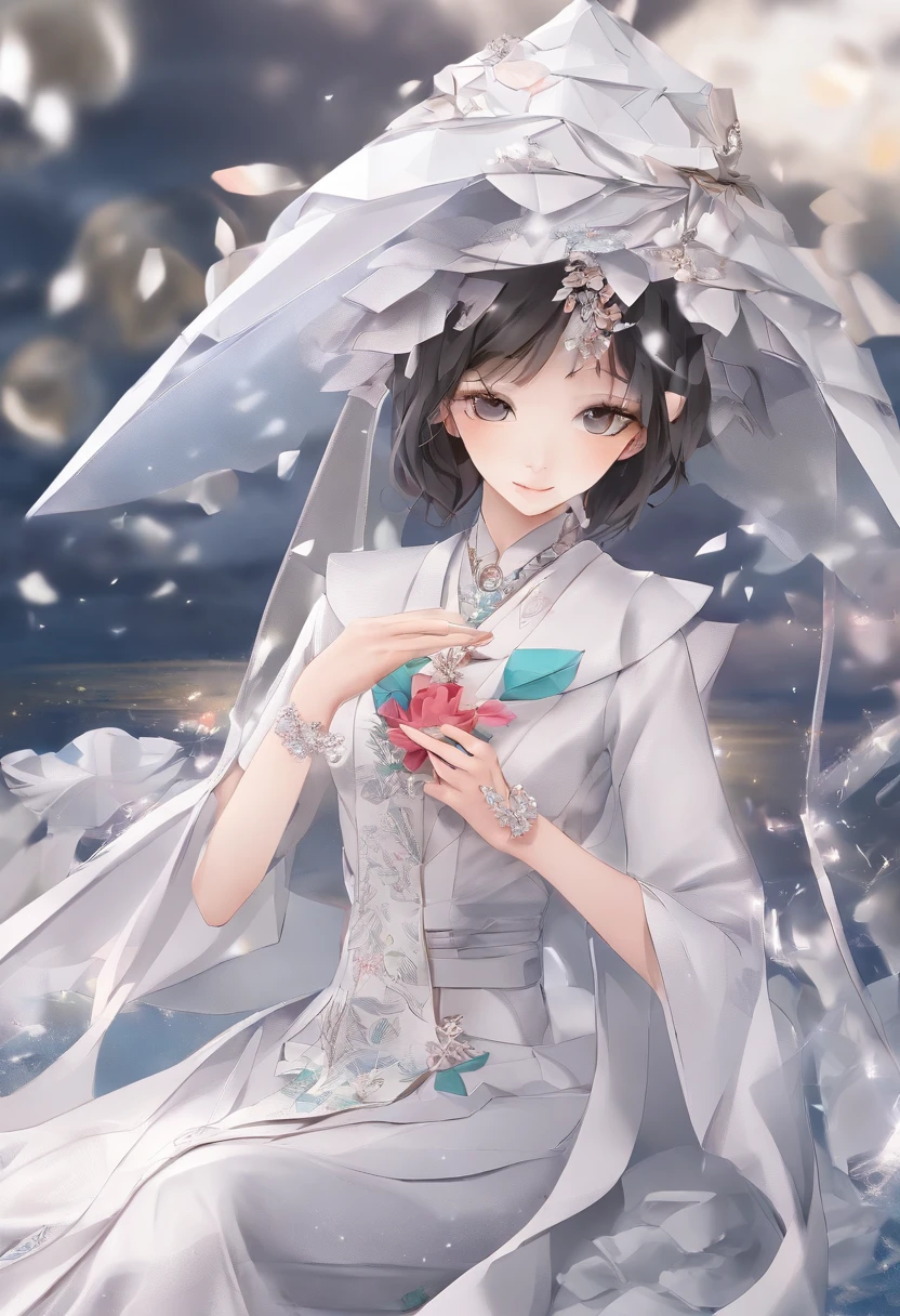 (A high resolution,ultra - detailed), offcial art, Unity 8k壁纸, Ultra-detailed, Beautiful and aesthetically pleasing, tmasterpiece, best qualityer,long skirt,Slim and slim girl,Wear a tulle dress,It's set with sparkling diamonds,With a hood,Hood head,The material of the clothes is very light,Gaia style,The clothes are wrapped in auspicious cloud patterns
