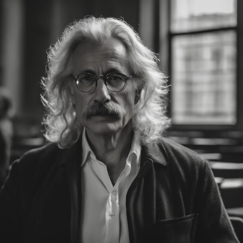 man with long hair, his hair is white, his hair is disheveled and a bit messy, this man wears glasses with a round frame, he appears to be 55 years old, he has fair skin, black eyes and an expression captivating. he is wearing a docter. his face resembles albert einstein's face, 4k.