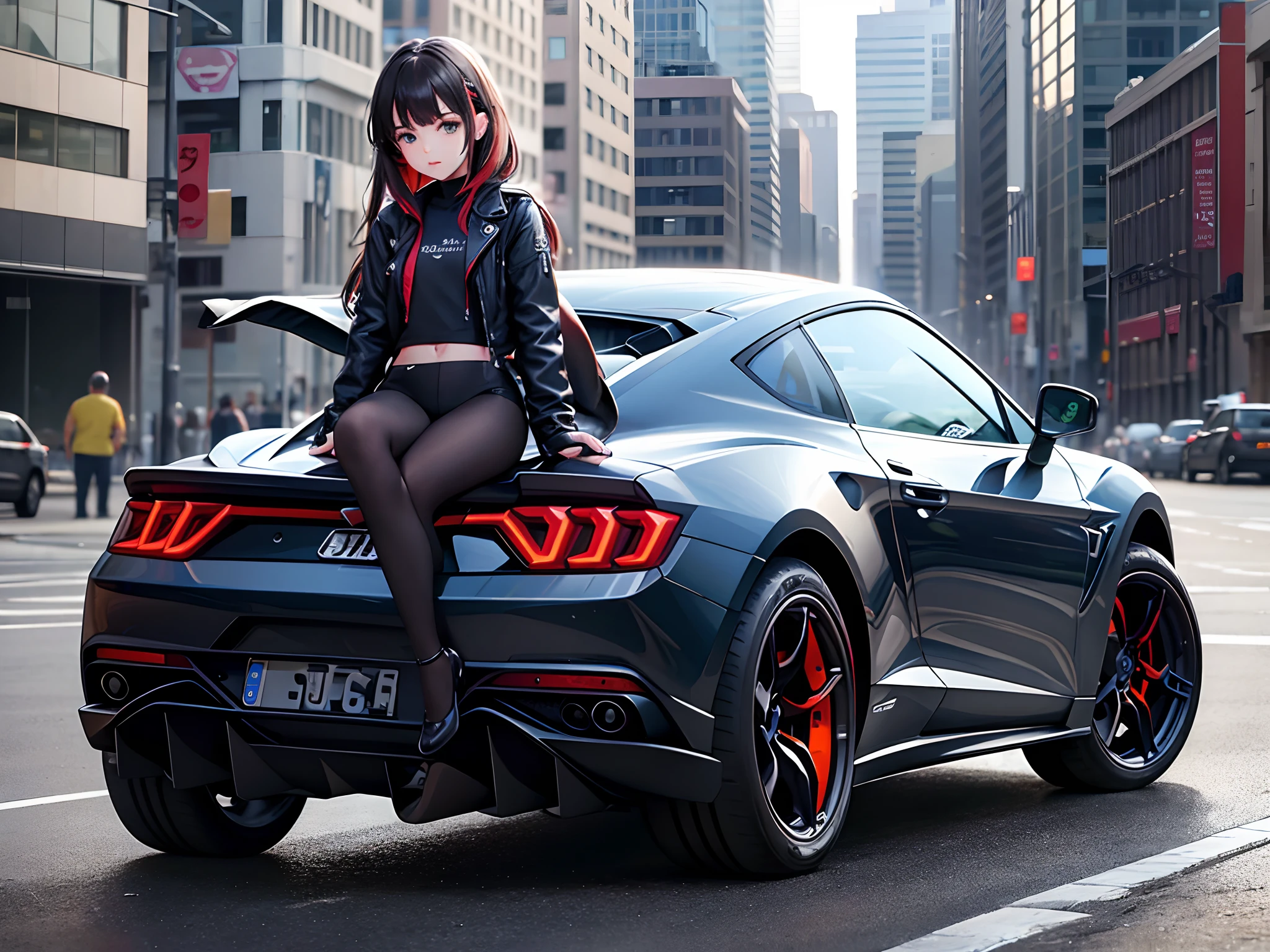 Ella esta totalmente desnuda, las piernas abiertas, ella mide 1.30 de altura, small tist, small tail, ella esta acostada encima del capo del carro, el carro es un lamborghini combinado con un mustang, el carro es blanco con rojo, esta de dia, 's Face, asiatica