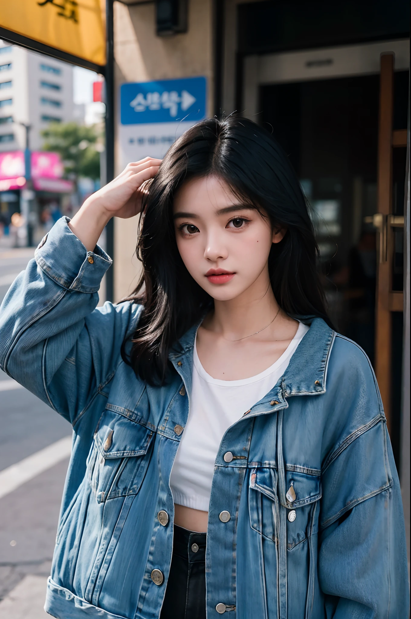 araffe woman with long black hair wearing a denim jacket, portrait of female korean idol, portrait of jossi of blackpink, shot on canon eos r5, shot on canon eos r 5, wan adorable korean face, shot on nikon z9, jinyoung shin, captured on canon eos r 6, taken with canon eos 5 d mark iv