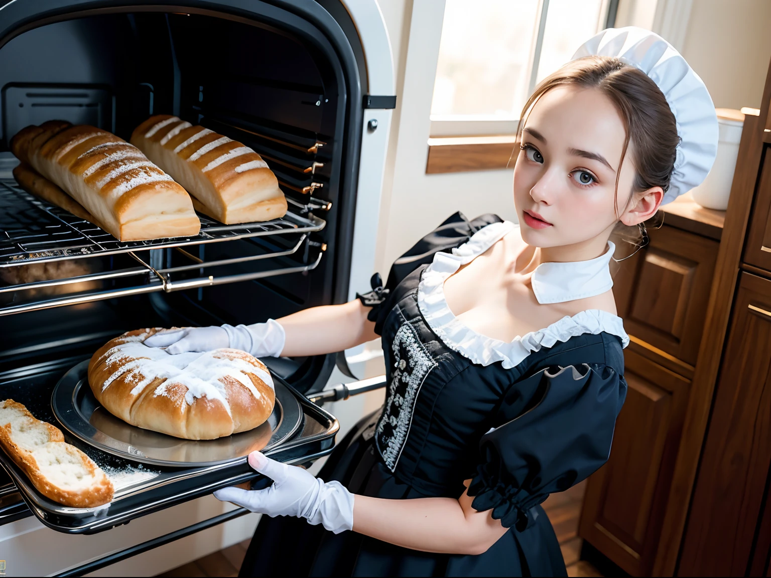 europe, (1600s), dynamic angle, 1girl, solo, ****, (worried), forehead, traditional maid, (the girl opening the oven holding tray, and check the freshly baked bread), (steamy), (((gloves, oven mitt))), ((dynamic angle)), chef hat , oven, microwave,, (Masterpiece:1.3), (8K, Photorealistic, Raw photography, Best Quality:1.4), (Ultra high Detailed),