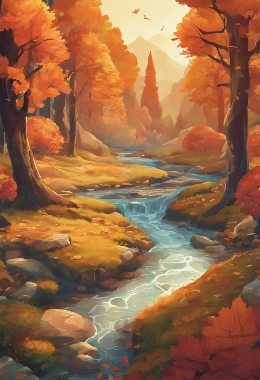 A creek through the autumn forest, fantasy, Illustrator style, Aerial view, HD, detail
