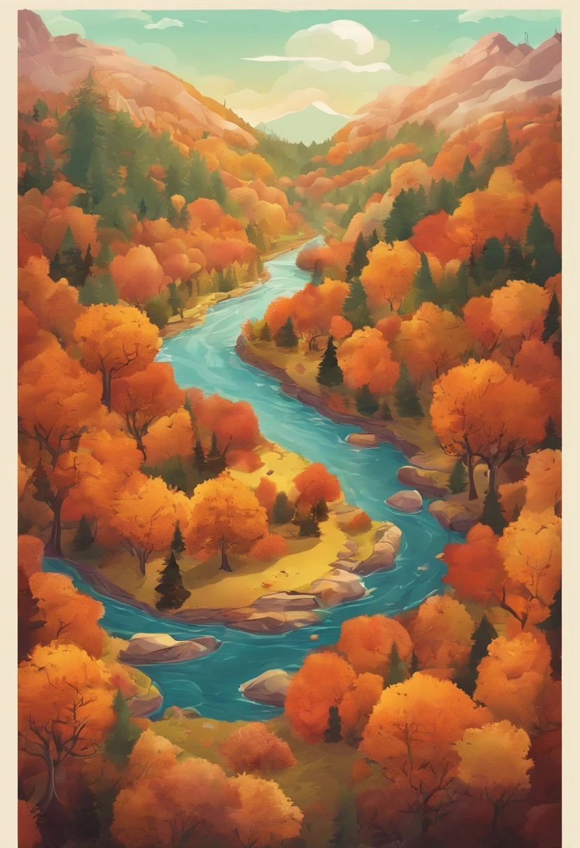 A creek through the autumn forest, fantasy, Illustrator style, Aerial view, HD, detail