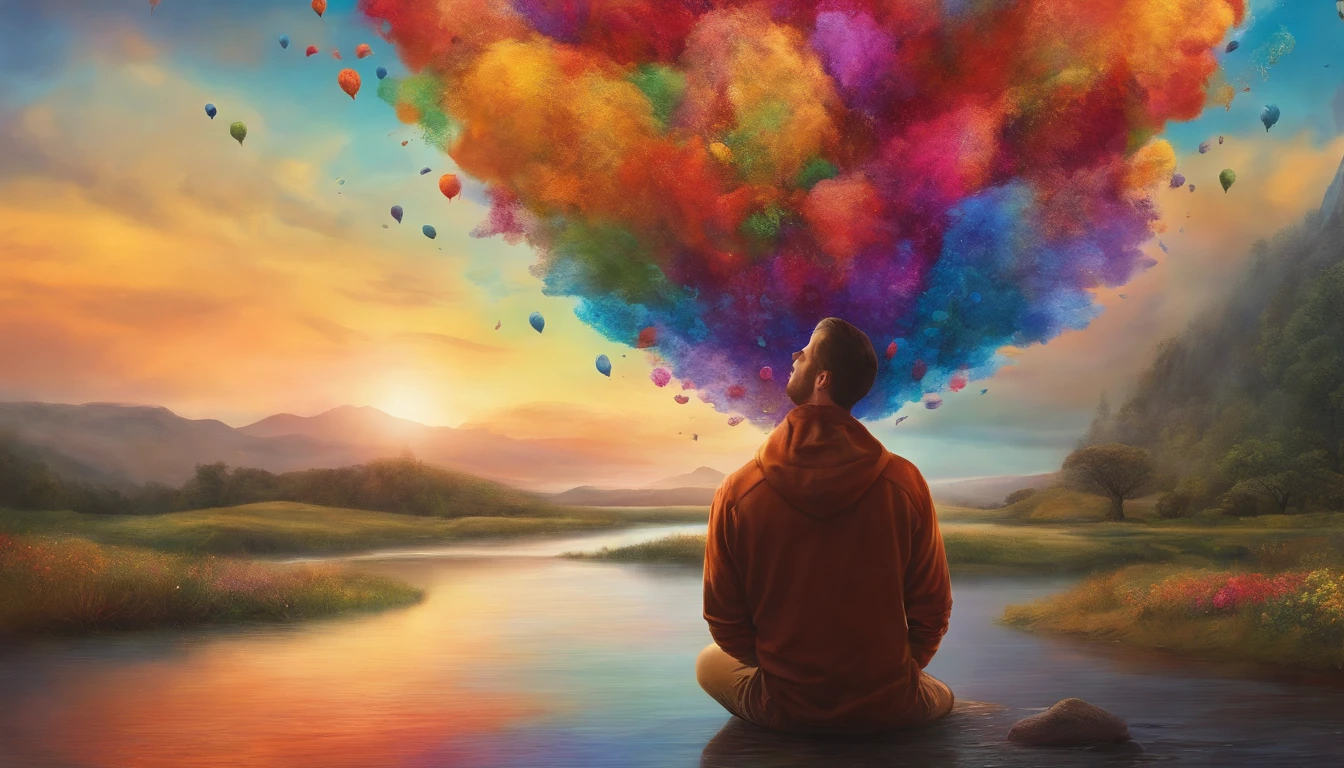 epic realistic, high-quality artwork of An illustration of a person reflecting with colorful thoughts representing different emotions emerging from his mind.