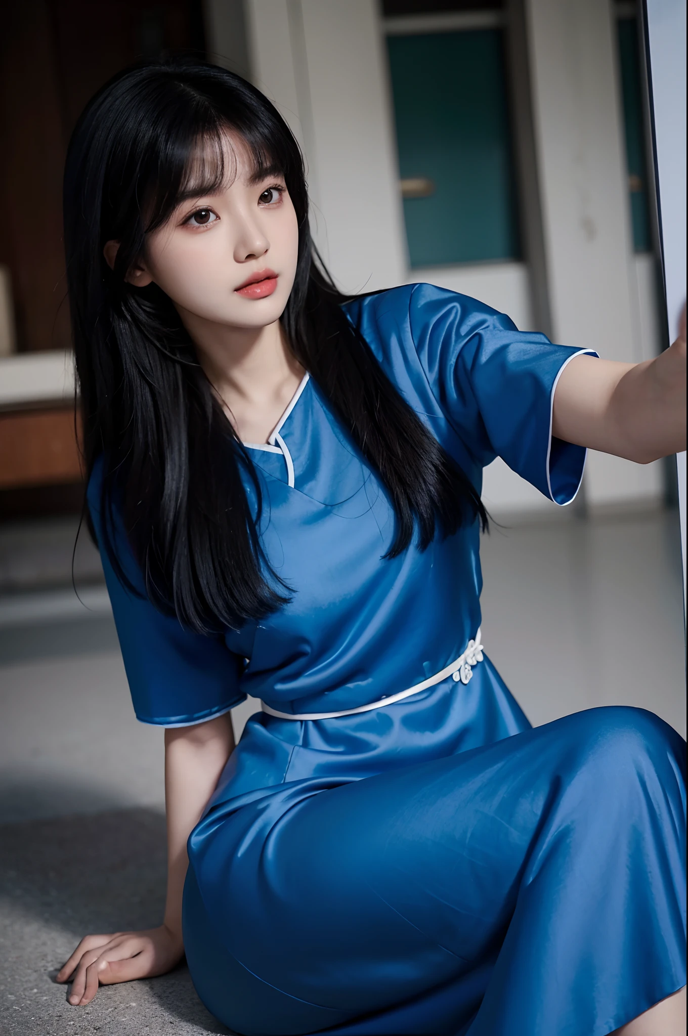 araffed asian woman with long black hair wearing a blue and white dress, jaeyeon nam, jinyoung shin, sakimichan, lee ji-eun, lee ji - eun, wan adorable korean face, heonhwa choe, 8k selfie photograph, park ji-min, korean idol, kim doyoung, headshot profile picture