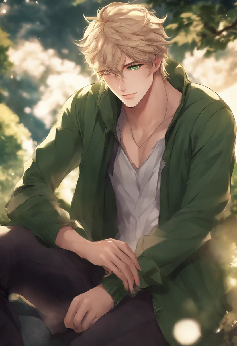 beautiful anime guy with green eyes and light hair
