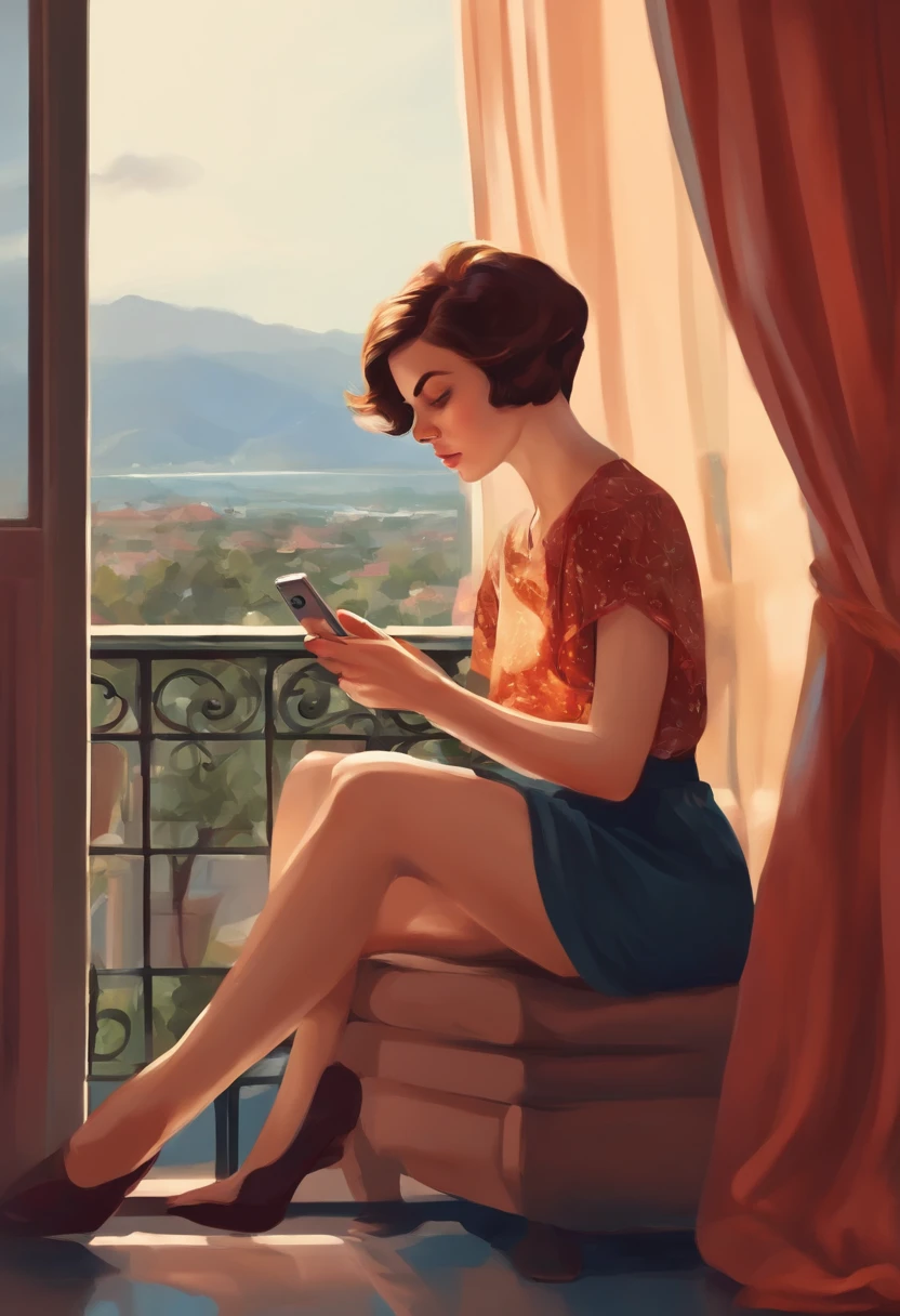 A girl with short hair is looking at her phone very seriously，sitting beside the window