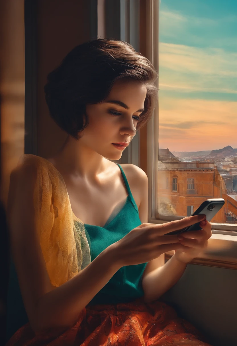 A girl with short hair is looking at her phone very seriously,sitting beside the window