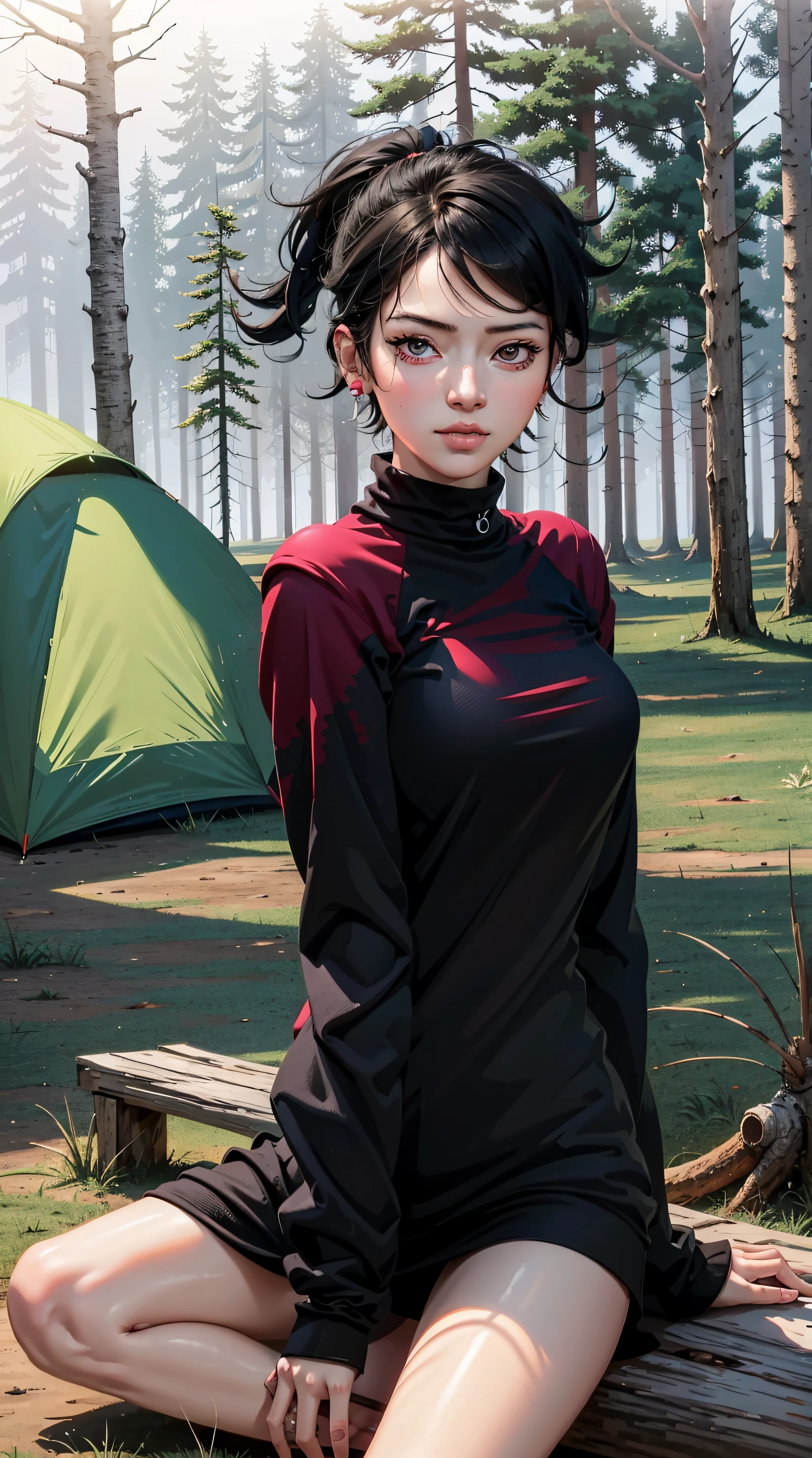 uchiha sarada, black hair, short hair, bangs, ponytail, ponytail, sitting on a log, beautiful, beautiful woman, perfect body, perfect breasts, wearing a sweater, in the forest, camping, camping tent, trees, night, evening, campfire, looking at viewer, slight smile, realism, masterpiece, textured skin, super detail, high detail, high quality, best quality, 1080p, 16k