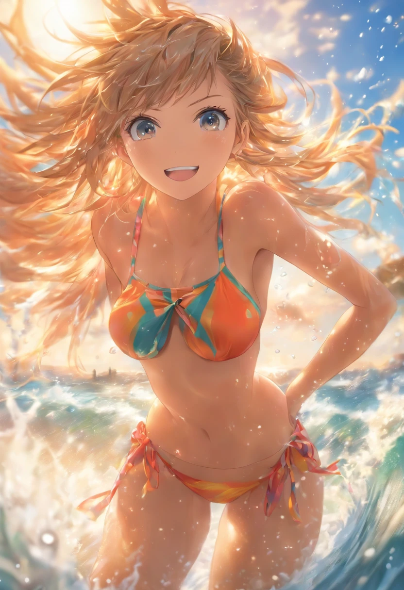 ((Masterpiece)), ((Best quality)), ((A high resolution)), ((finedetail)),1girll, Show on the_E7, Small breast, swimsuit, Realistic, beach, Wet, Ocean, navel, sky, 鎖骨