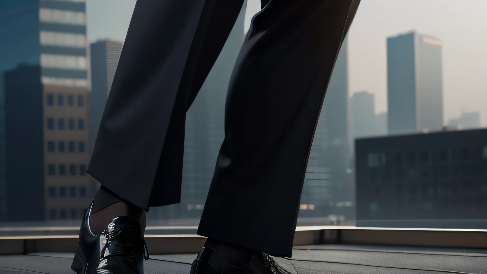 wearing black suits、Scene from Movie、(Impeccable)、kurzes dunkles Haar、dark black background image、elegant(high high quality, photorealistic image)、(high high quality, photorealistic image)、(Best quality、8K、masutepiece),((on the rooftop,Turn your back to the lens))