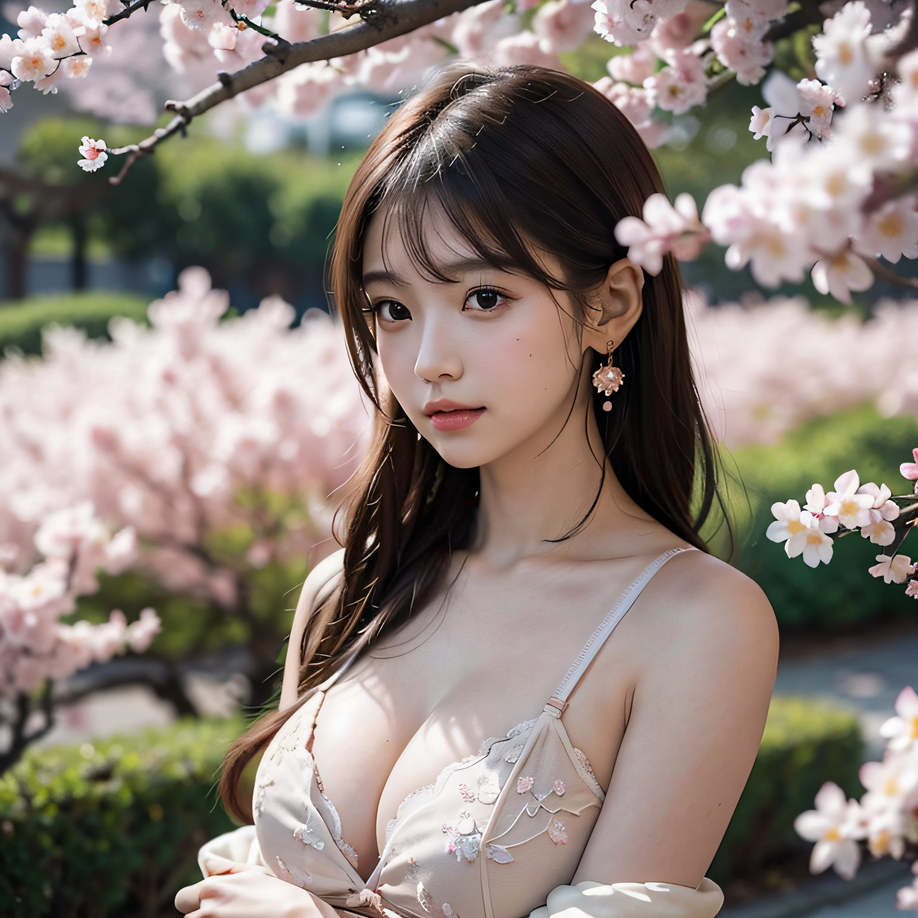 masutepiece,the Extremely Detailed CG Unity 8K Wallpapers,1girl in, Beautiful, Realistic, Blurry, Blurry_Background, Blurry_Foreground, branch, brown_hair, Plum Blossom, Depth_in the_field, earrings, flower, Jewelry, Nose, Realistic, Solo,chinese clothes,Hidden fingers, Hidden arms, Wear only a bra