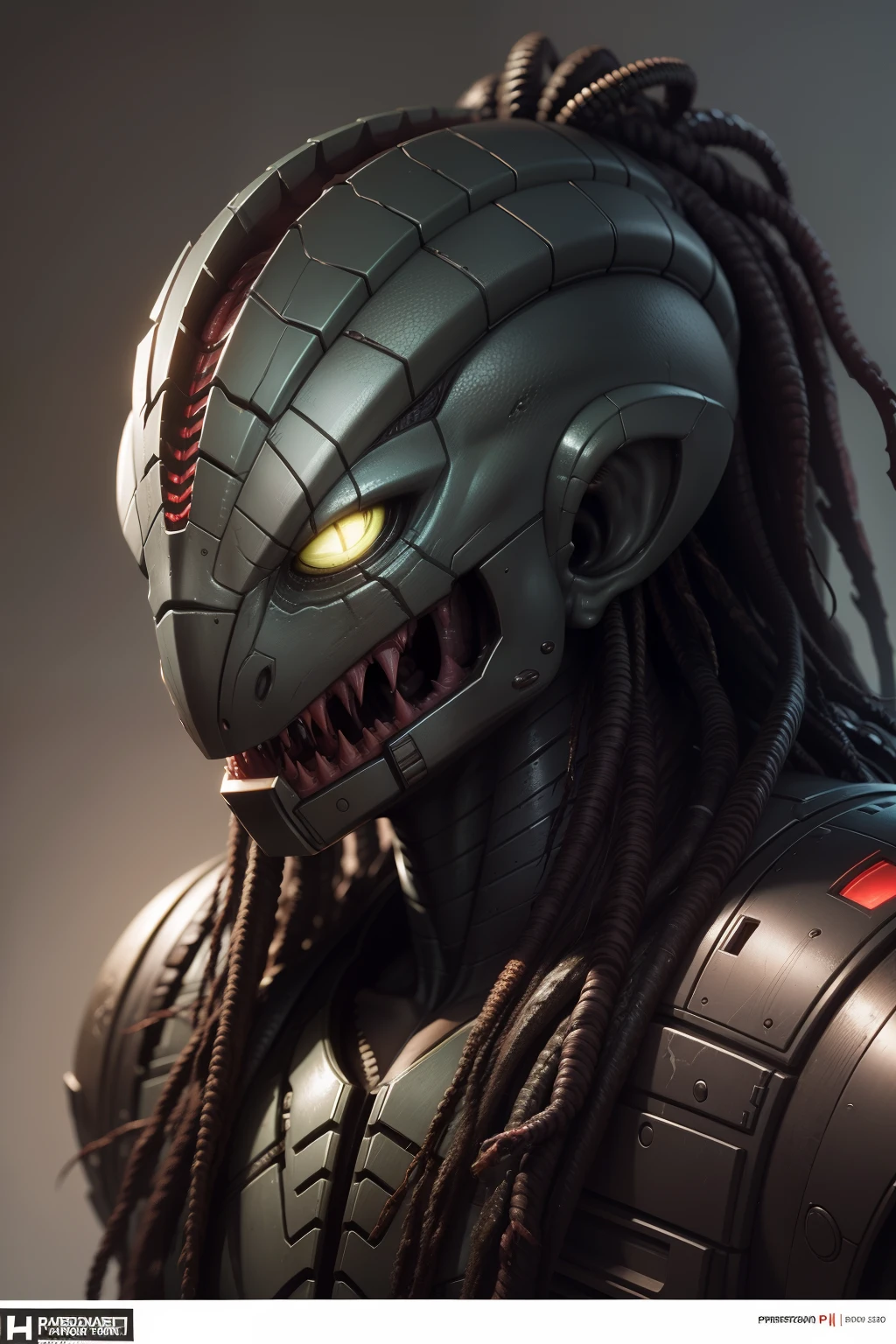 a close up of a of a predator with dreads on his head, predator alien, the predator, predator, zbrush contest winner, zbrush 3 d render, hard predatory look, painted in zbrush, apex predator, inspired by Ryan Barger, predator eyes, portrait of xenomorph, trending on artstation hq, zbrush central contest winner