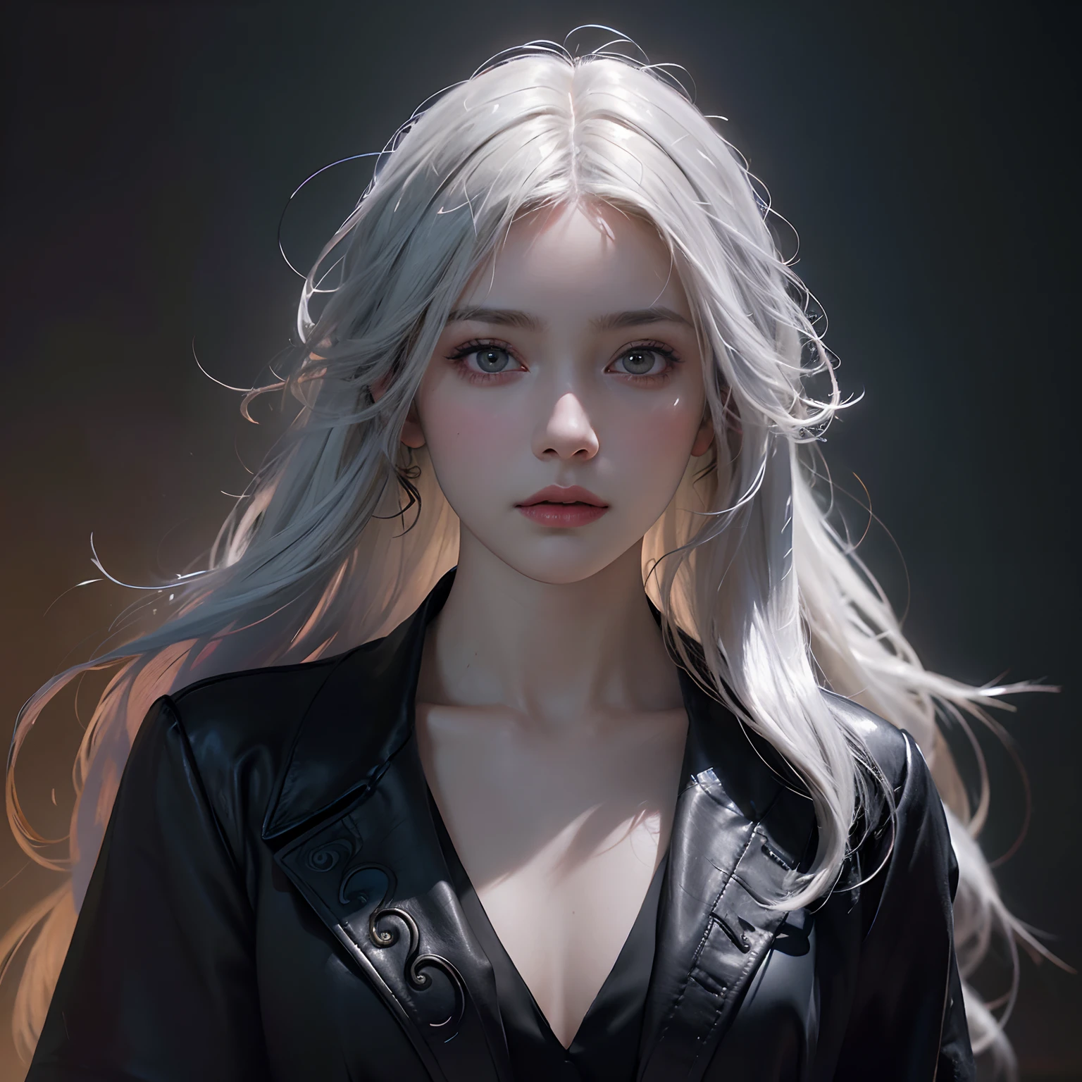 Hyperrealist portrait of female by david hockney and alphonse mucha,fantasy art, photo realistic, dynamic lighting, artstation, poster, volumetric lighting, very detailed faces, 4 k, award winning,, 1girl, in the dark, deep shadow, low key,cowboy shot,(official clothing:1.4) ,long hair,white hair,