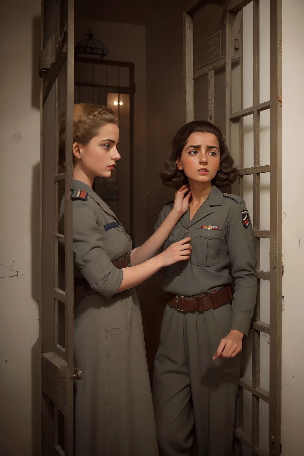 Year: 1944. Location: Germany. neoclassic frenchwoman with honey hair, in a tiny prison cell, sikh skinny young woman, ((prisoners)) ((war)) ((terrified)), ((1940s grey unkempt clothes)) ((1940s hairstyle)) ((in the style of "OMITB")) ((cinematic style))