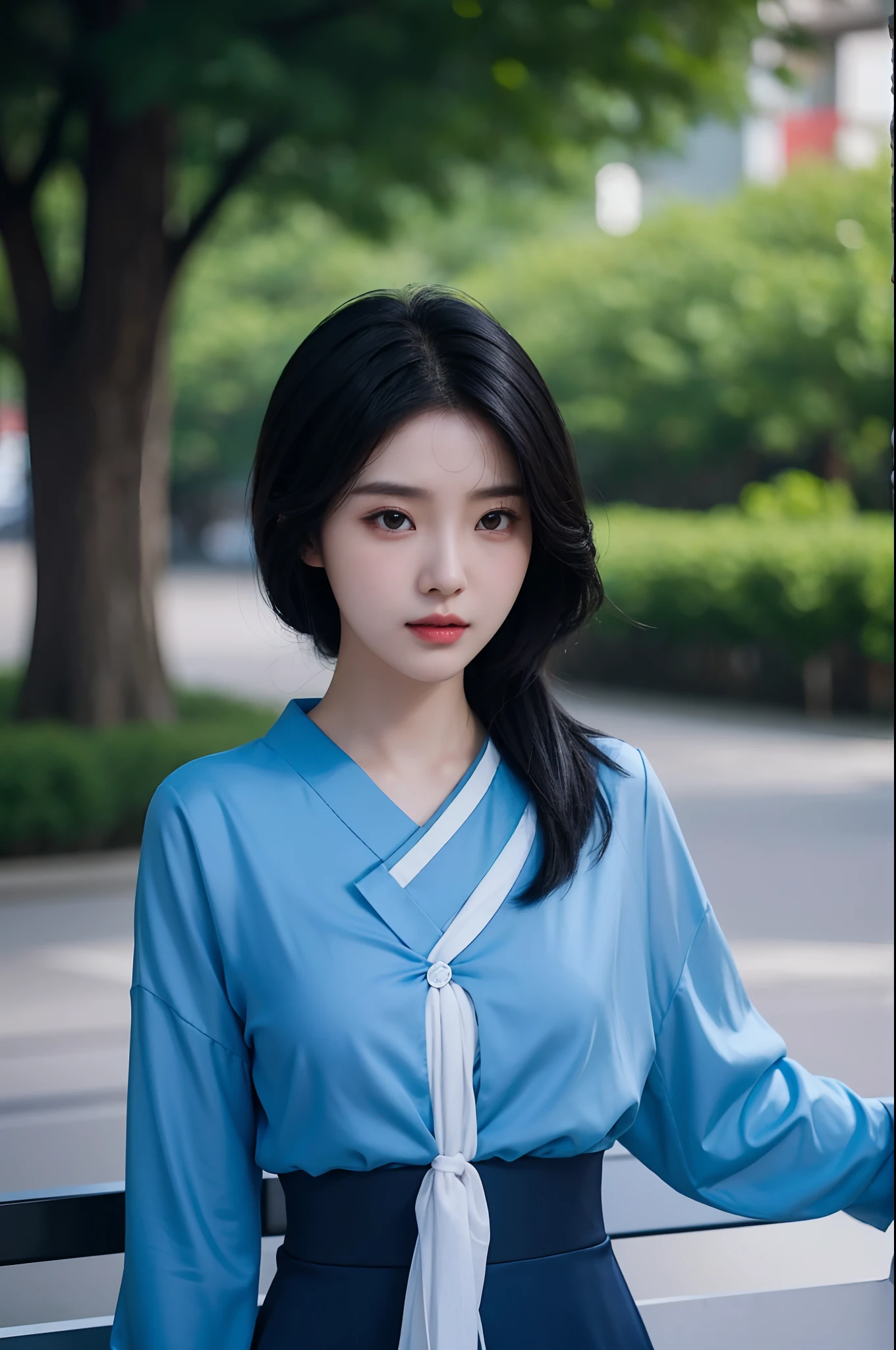 araffed asian woman with long black hair wearing a blue and white dress, jaeyeon nam, jinyoung shin, sakimichan, lee ji-eun, lee ji - eun, wan adorable korean face, heonhwa choe, 8k selfie photograph, park ji-min, korean idol, kim doyoung, headshot profile picture