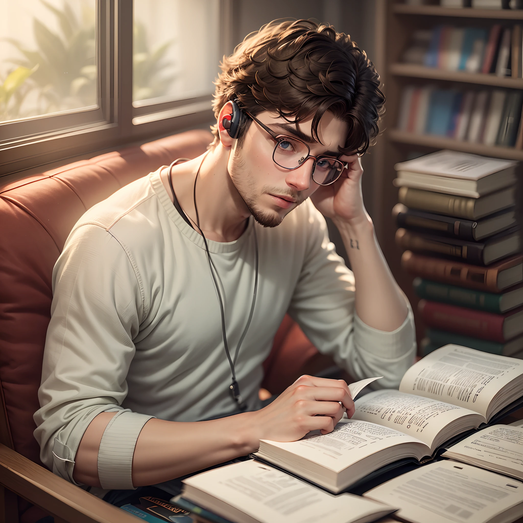 a 23 year old calm boy with little beard and specs reading books and listening 🎧 to audiobook (silent background)(calmness in photo) --auto --s2
