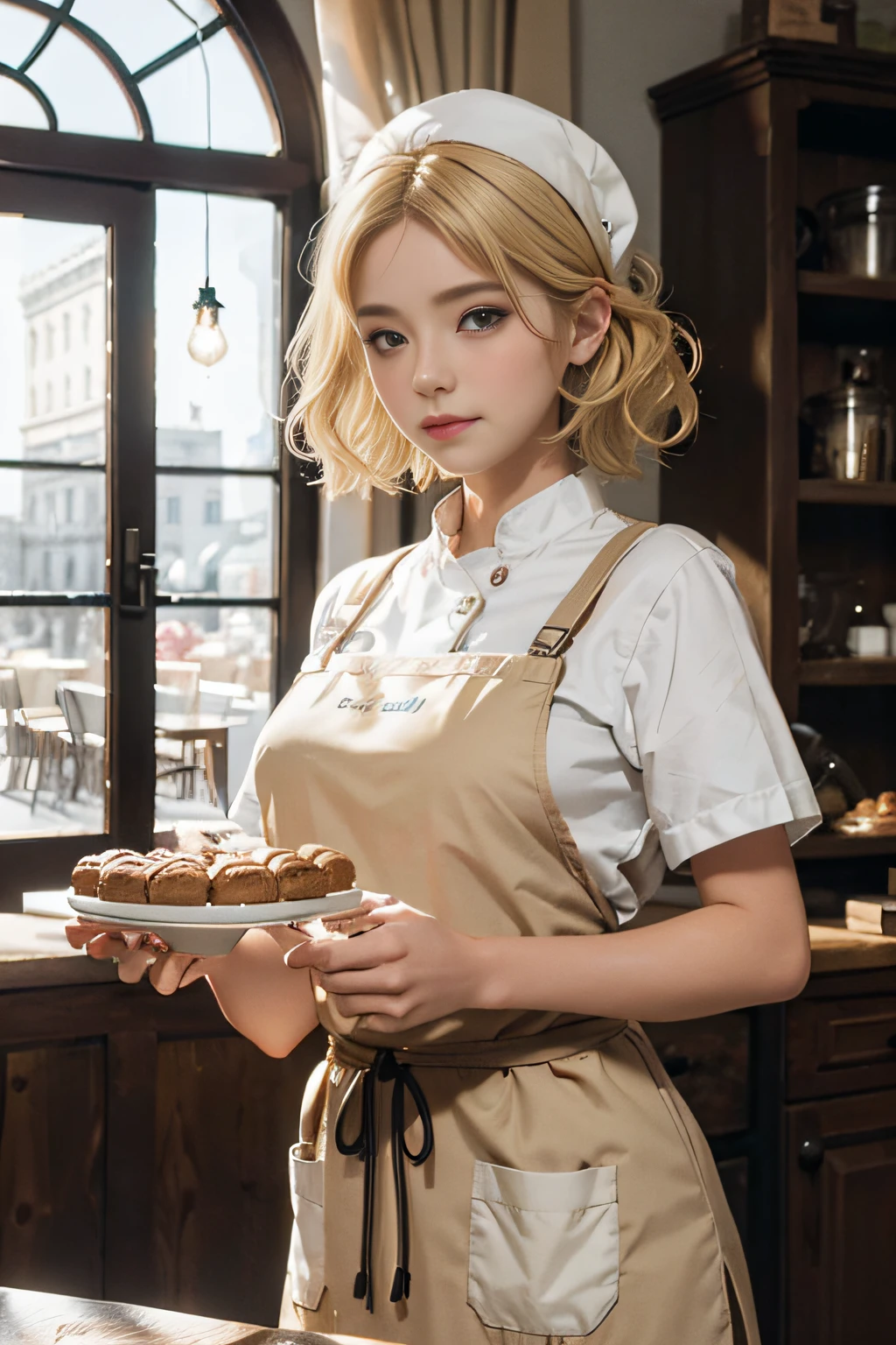 Girl with blonde hair, shop assistant, pastry shop assistant, pastry chef, aprons, plate in hand (high quality), (delicate face), very detailed, highest quality, professional lighting, It says "Good things to share" on the back,award-winning image.