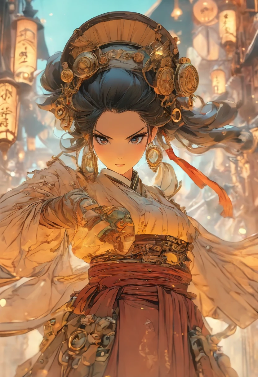 Chinese ink style,Steampunk world,Huge steampunk flyers and hanfu girls,Ink animation art,Ink comic art,water ink,ink,Smudge,8K,Delicately portrayed,Works of masters