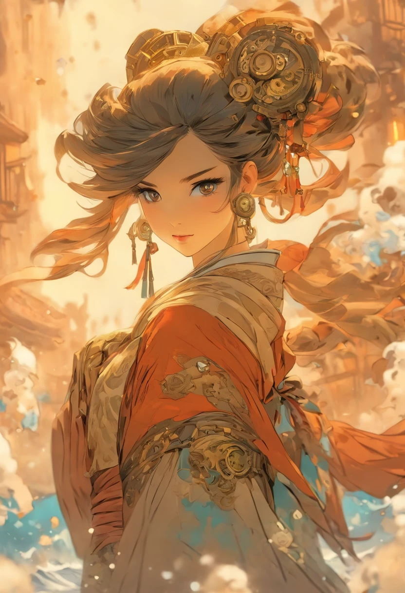 Chinese ink style,Steampunk world,Huge steampunk flyers and hanfu girls,Ink animation art,Ink comic art,water ink,ink,Smudge,8K,Delicately portrayed,Works of masters