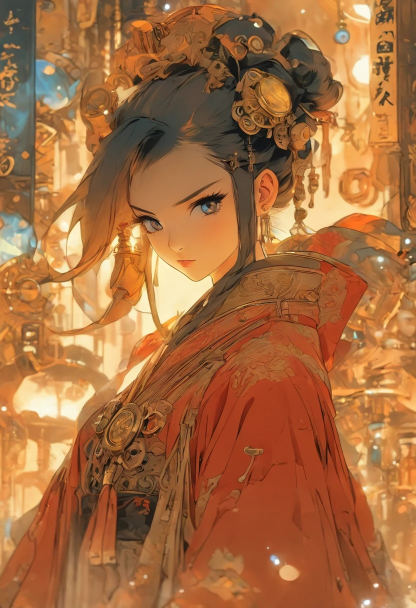 Chinese ink style,Steampunk world,Huge steampunk flyers and hanfu girls,Ink animation art,Ink comic art,water ink,ink,Smudge,8K,Delicately portrayed,Works of masters