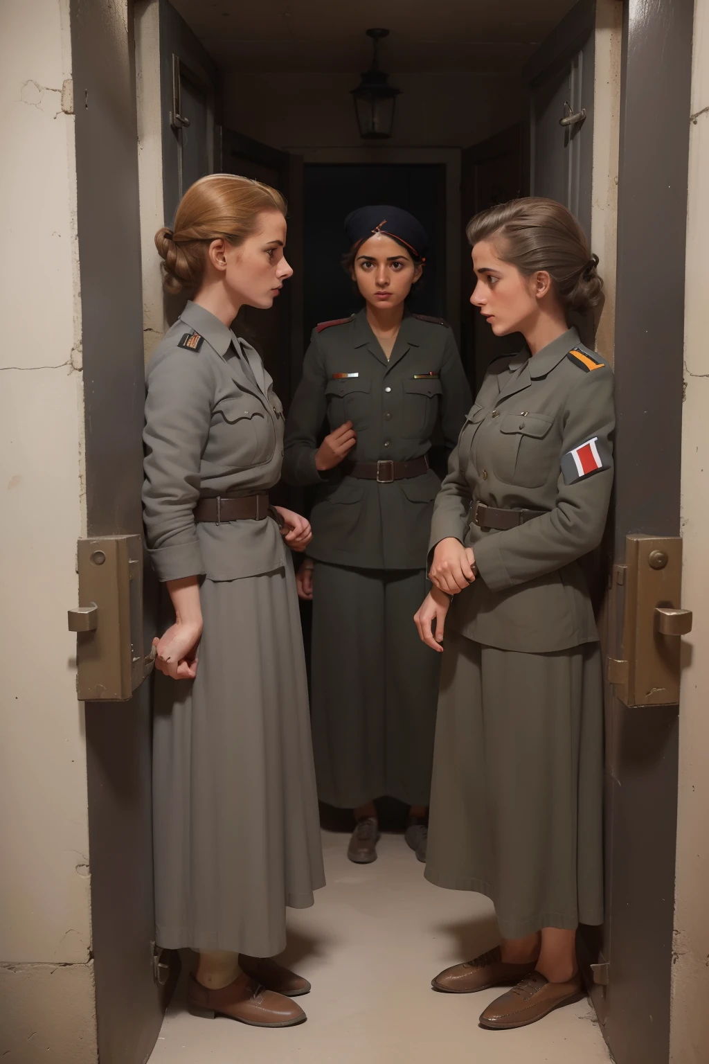Year: 1944. Location: Germany. neoclassic frenchwoman with honey hair, in a tiny prison cell, sikh skinny young woman, ((prisoners)) ((war)) ((terrified)), ((1940s grey unkempt clothes)) ((1940s hairstyle)) ((in the style of "OMITB")) ((cinematic style))