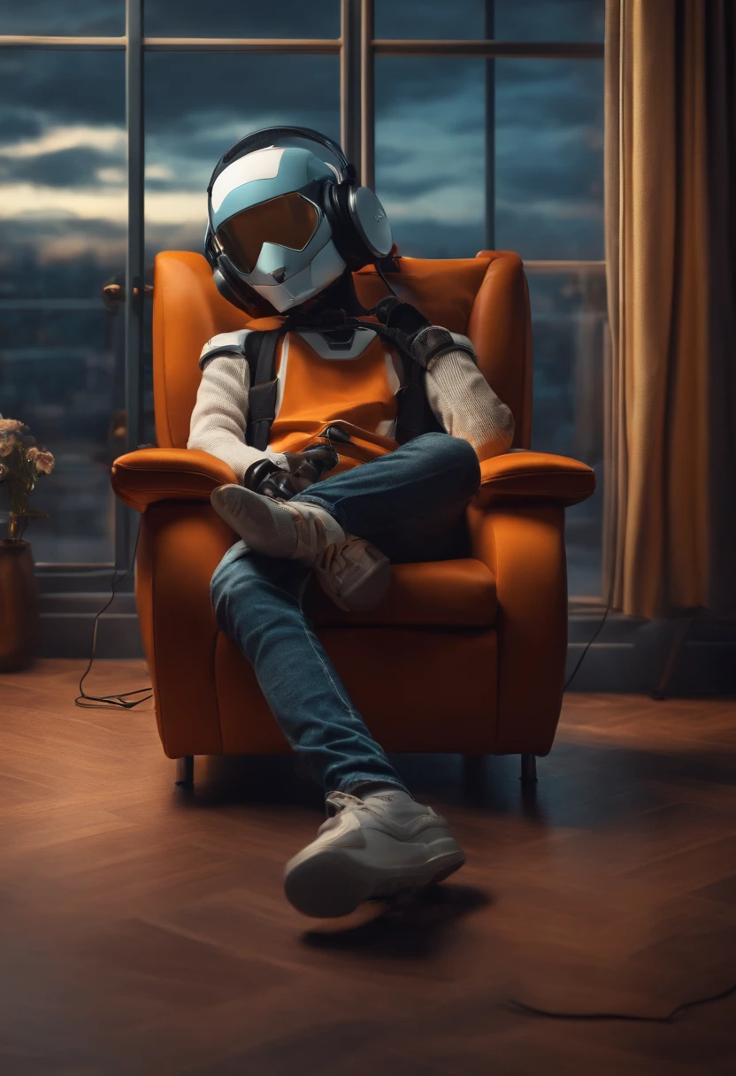 A boy is lying on a chair, and listening to music on Sony headphones, one of his legs is a robot.