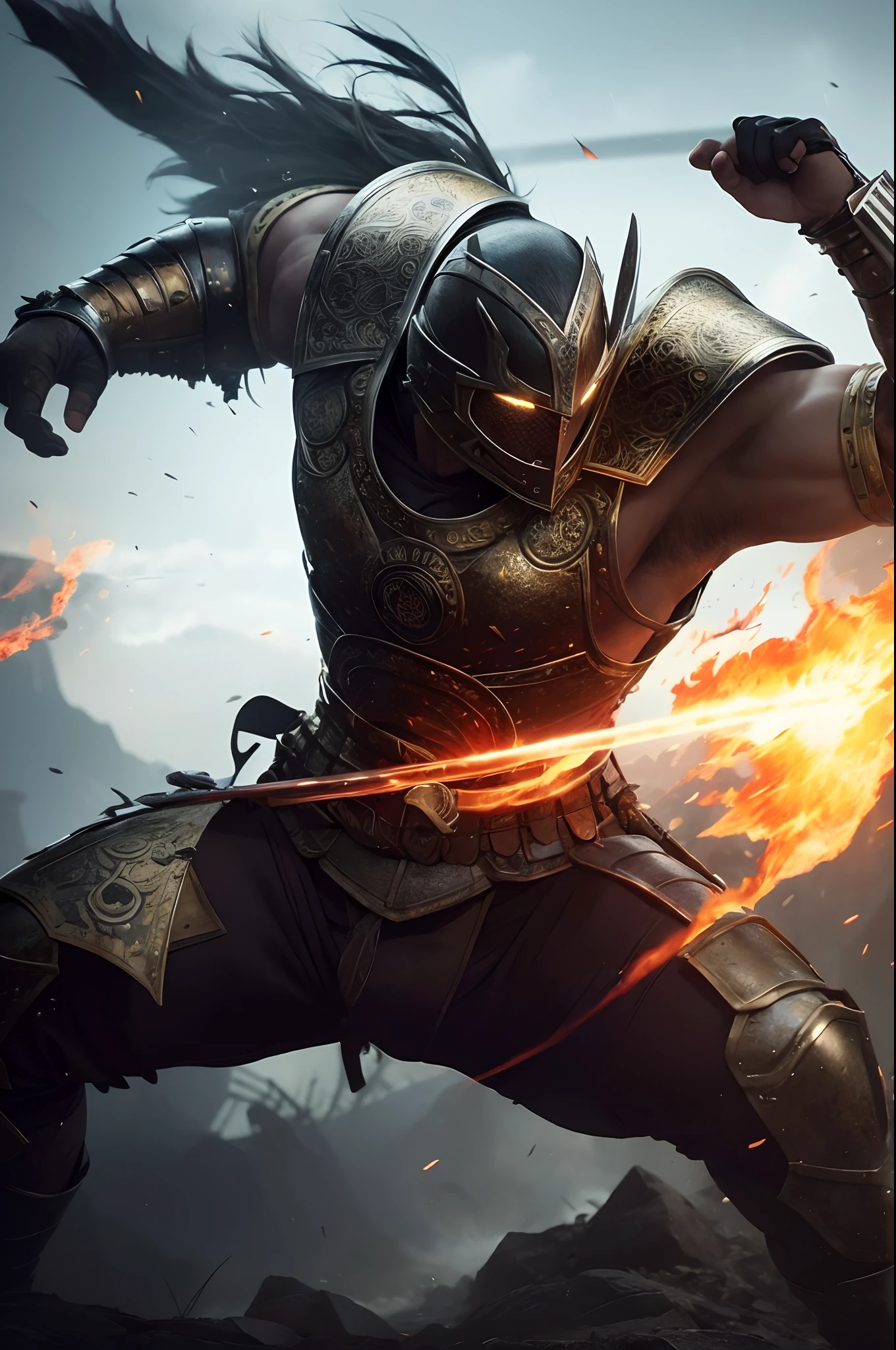 (a warrior),oil painting, detailed armor, intense expression, powerful stance, dynamic background, vibrant colors, dramatic lighting, highres, ultra-detailed, physically-based rendering, fantasy, epic.