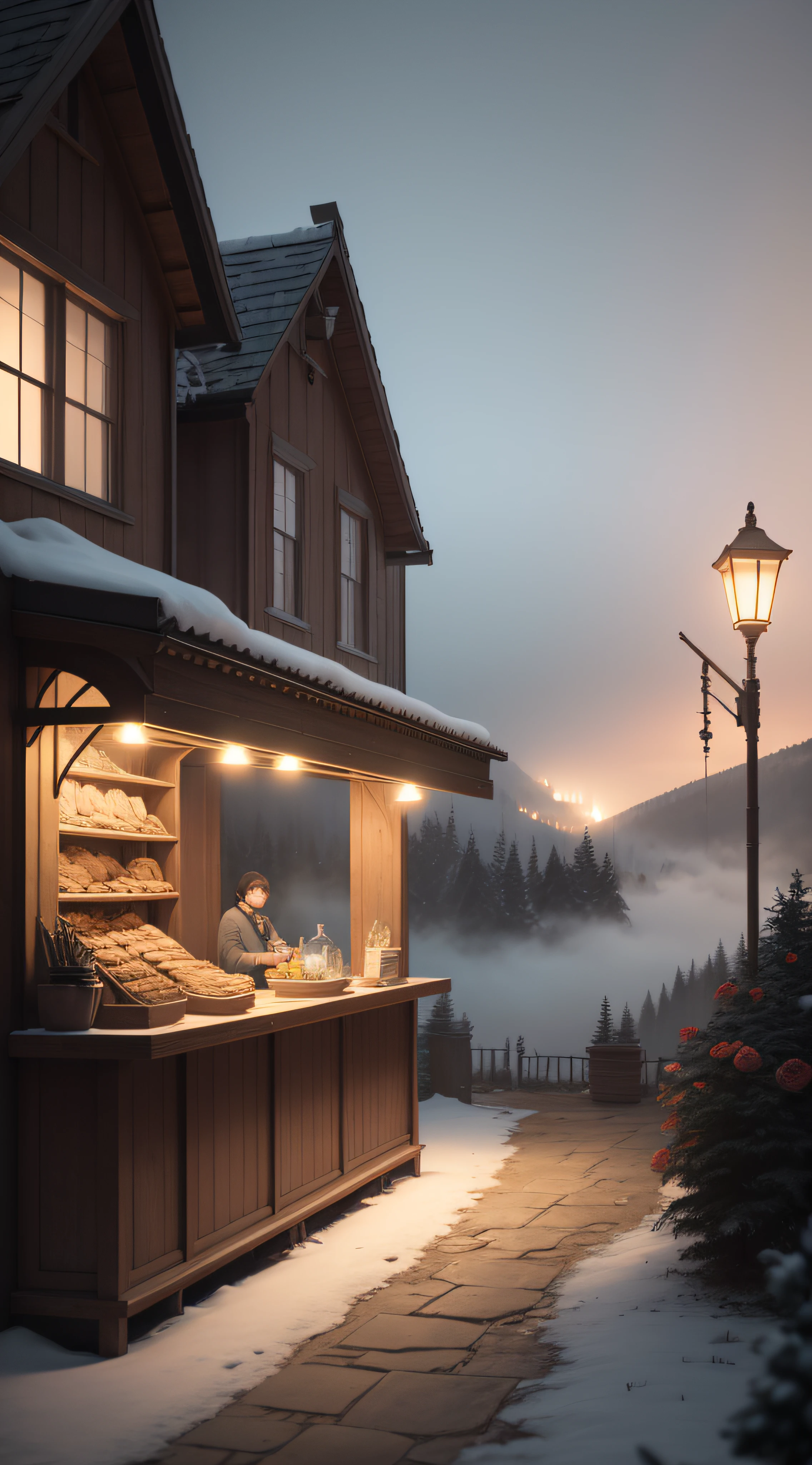 masterpiece,(RAW photo, best quality), C4D,render,3D,blender,Depth of Field,Octane Rendering,ultra-detailed, highres, extremely detailed,,mini\(ttp\),miniature,uncanny, celestial, Biscuit, A rustic bakery adorned with vintage decor, exuding a cozy and nostalgic ambiance, A foggy with mist hanging over the hills and valleys,night snow scenery, flower,tree,road,wood,rock,
