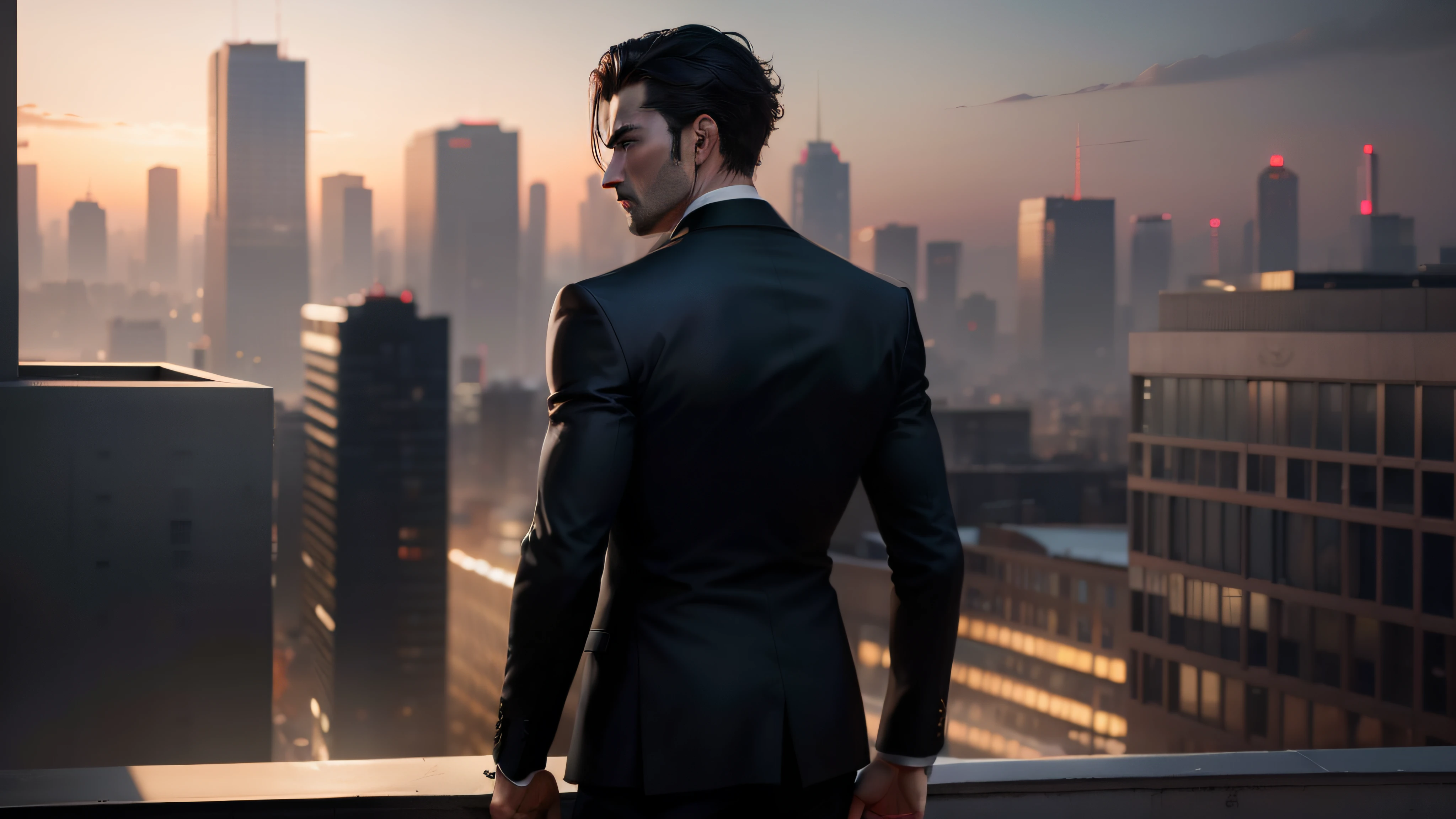Man in a black suit、Scene from Movie、(Impeccable)、kurzes dunkles Haar、dark black background image、elegant(high high quality, photorealistic image)、(high high quality, photorealistic image)、(Best quality、8K、masutepiece),((on the rooftop,Turn your back to the lens))