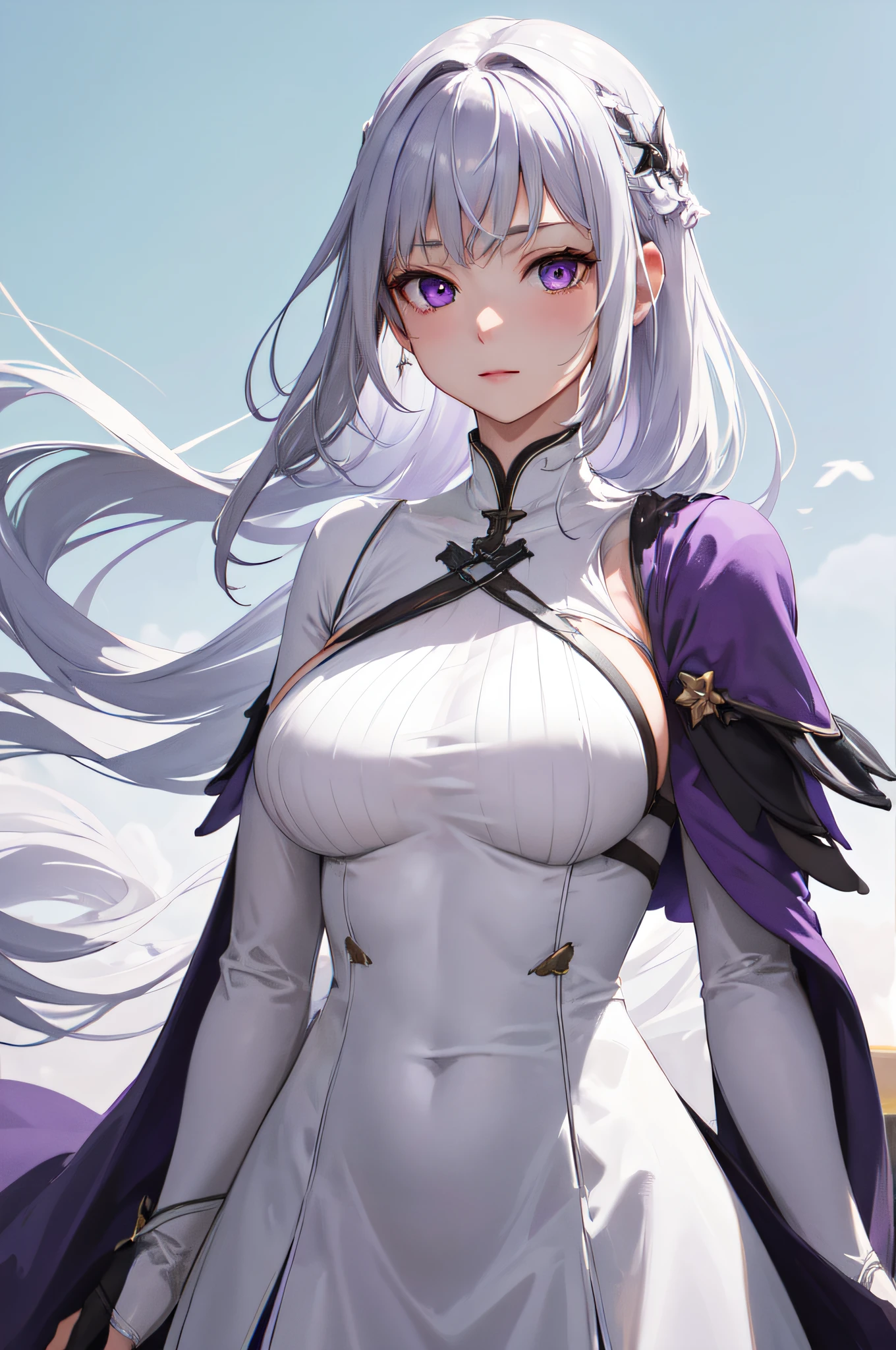 Masterpiece, Best Quality, highres, 1Girl, Solo, silver hair, purple Eyes, Upper body only, plain background, Fantasy dress Clothing, white clothes, green background, body towards forward, large breast