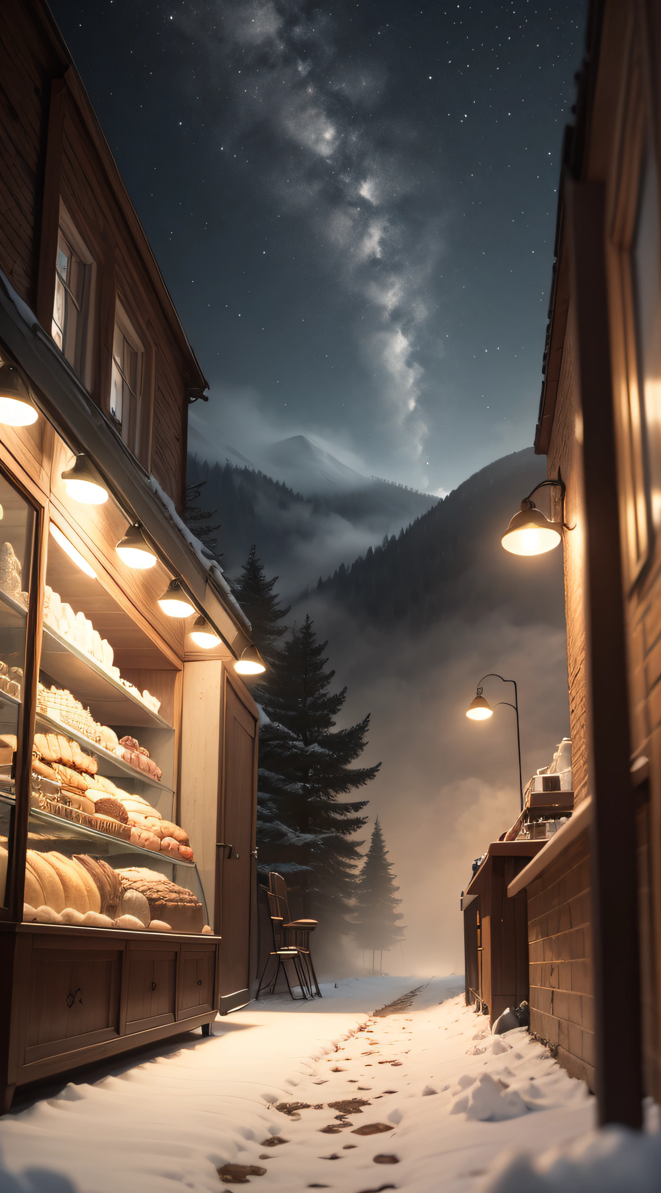 masterpiece,(RAW photo, best quality), C4D,render,3D,blender,Depth of Field,Octane Rendering,ultra-detailed, highres, extremely detailed,,mini\(ttp\),miniature,uncanny, celestial, Biscuit, A rustic bakery adorned with vintage decor, exuding a cozy and nostalgic ambiance, A foggy with mist hanging over the hills and valleys,night snow scenery, flower,tree,road,wood,rock,