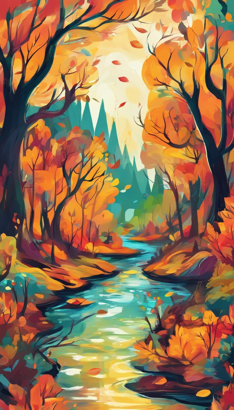 A creek through the autumn forest, fantasy, Illustrator style, Aerial view, HD, detail