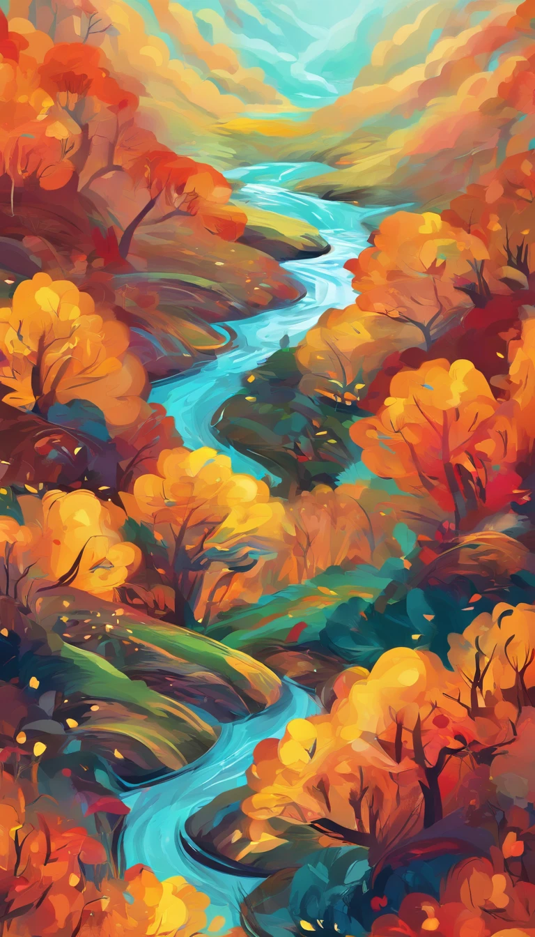 A creek through the autumn forest, fantasy, Illustrator style, Aerial view, HD, detail