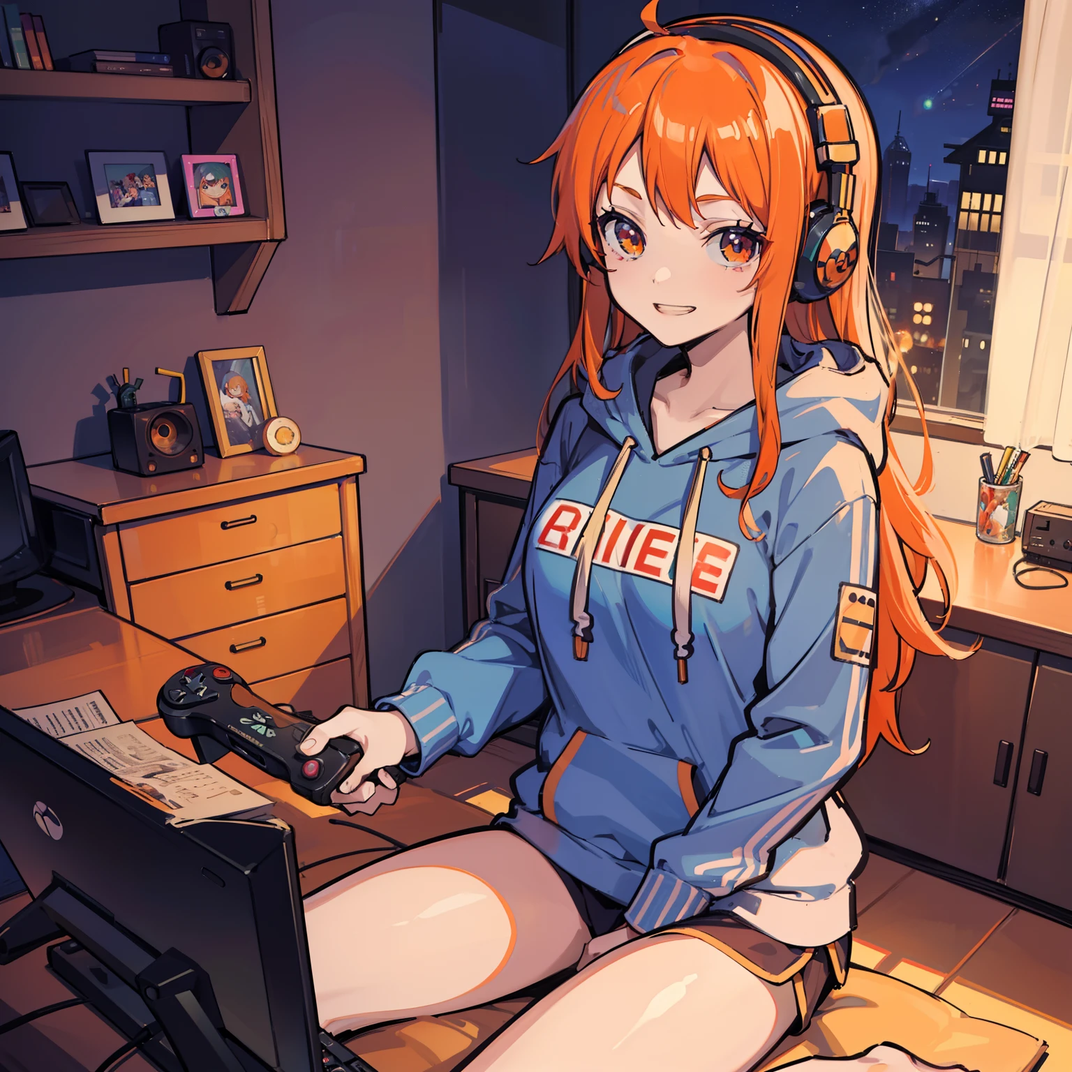masutepiece, Fine detail, 4K, 8K, 12K, Solo, Solo, Beautiful Girl, caucasian female, Nami of one piece, Orange hair, Long hair, Game Controller, Indoors, Room, Own room, a computer, Playing games, headphones, Hoodie,a smile、 nigh sky