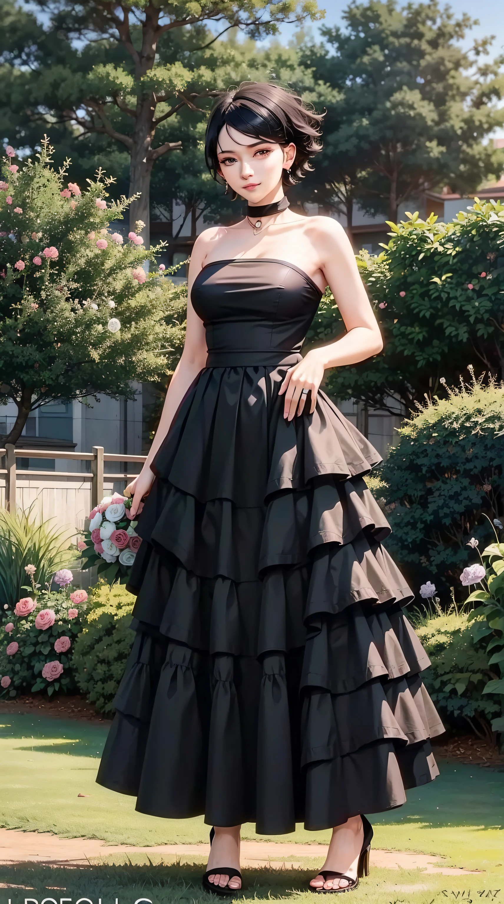 uchiha sarada, black hair, short hair, bangs, beautiful, beautiful woman, perfect body, perfect breasts, wearing a wedding dress, ball gown, in a garden of trees, wedding decorations, looking at the audience, a slight smile, realism, masterpiece, skin textured, super detailed, high detail, high quality, best quality, 1080p, 16k