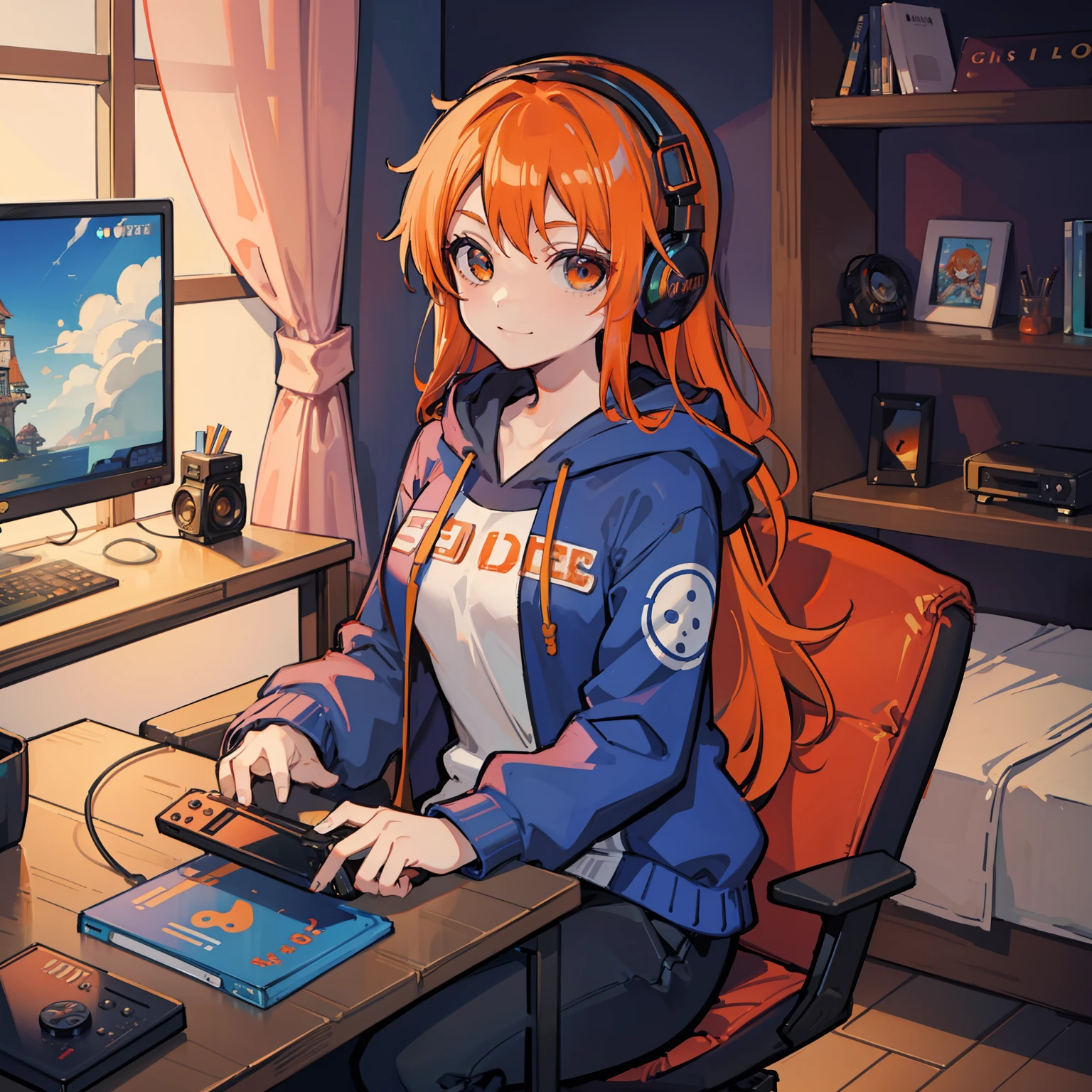 masutepiece, Fine detail, 4K, 8K, 12K, Solo, Solo, Beautiful Girl, caucasian female, Nami of one piece, Orange hair, Long hair, Game Controller, Indoors, Room, Own room, a computer, Playing games, headphones, Hoodie,a smile、 nigh sky