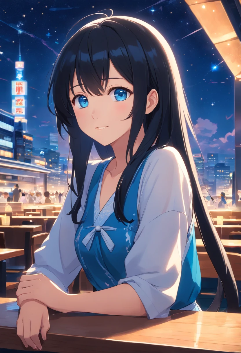 8K amazing 2D Japan manga style black hair, Blue-eyed two-dimensional girl sitting at table, the head is slightly tilted to the right, With a smile, Wearing a sky blue princess dress（The night in the background is full of stars）