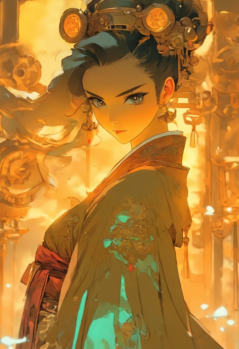Chinese ink style,Steampunk world,Huge steampunk flyers and hanfu girls,Ink animation art,Ink comic art,water ink,ink,Smudge,8K,Delicately portrayed,Works of masters