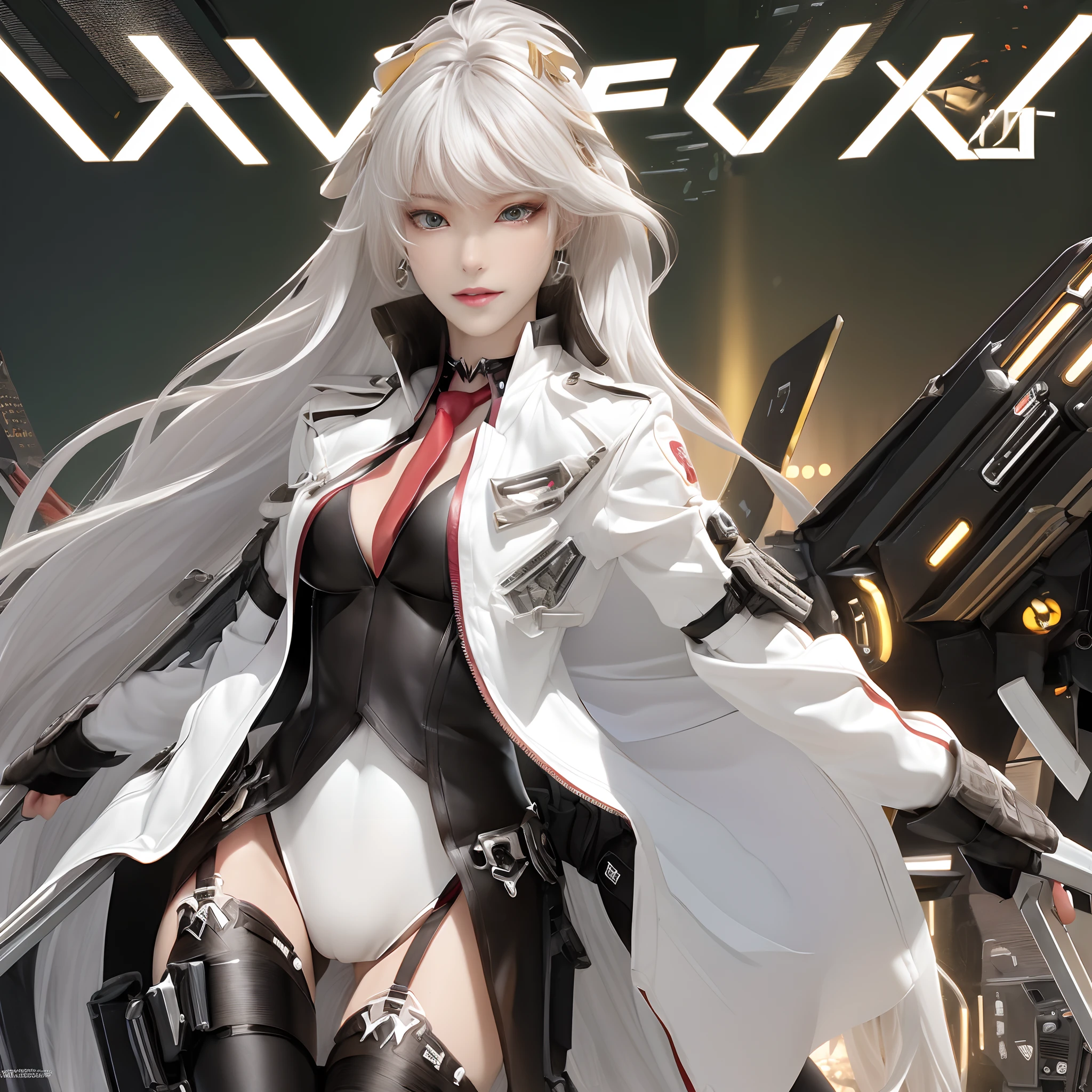 masterpiece, (best quality), (ultra-detailed), (ultra-realistic:1.2), landscape, sci-fi, transistorpunk, cyberpunk, biopunk, (magazine cover:1.4), (gray, white), female huge robot, visor, earring, mechanical angel wings on the back, angel wings, future town, dynamic pose, dynamic angle, small breasts, luxury, (gold, silver, green), neonmasterpiece, (best quality), (ultra-detailed), (ultra-realistic:1.2), landscape, sci-fi, transistorpunk, cyberpunk, biopunk, (magazine cover:1.4), (gray, white), 8k, UHD, The alone long waist white hair woman as the lone character as a magazine, yellow eyes, gold eyes, hair accessory, floating alone , high resolution, sci-fi city , Hyper detail mature face, black strapless bodysuit, white shirt, black panty, black jacket, black glove, ultra sharp, red necktie, black string full leg stocking, black string high thigh kneesock , exposed leg , black boot, feet visible, Hand Visible , twin sword, twin floating equipment, detail finger, 5 finger, Shooting pose,action pose,explosion effect, a determined expression on her face。