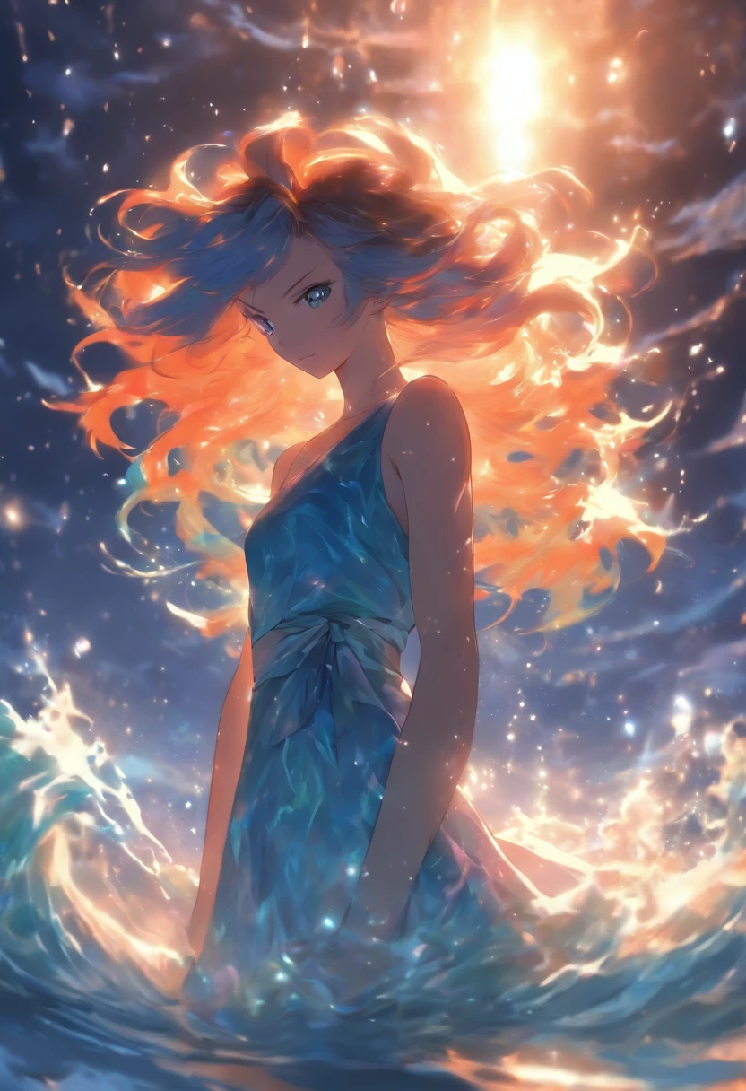 (Masterpiece, Best quality), ((1girll, Solo, Long hair)), ishmael_limbus, Expression of innocence, Bare arms, Bare shoulders, Bare neck, aquarelle, sun skirt, liquid clothes, water, Waves, water dress, Blue_Theme, Night, Mist, Dark, Sharp focus, Sea, See-through dresses, Orange hair