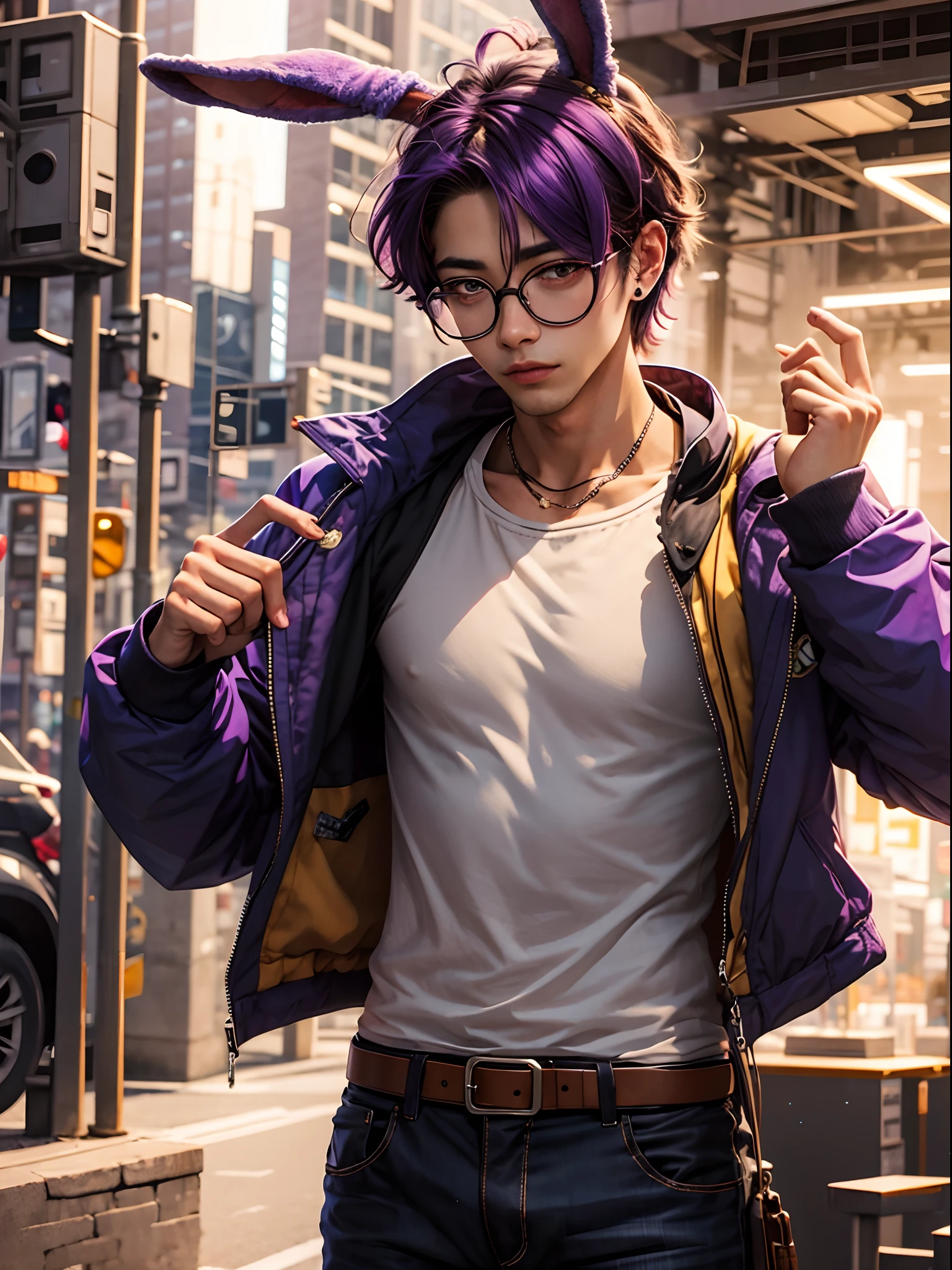Men, glasses,hodie,hair purple,ear rabbit