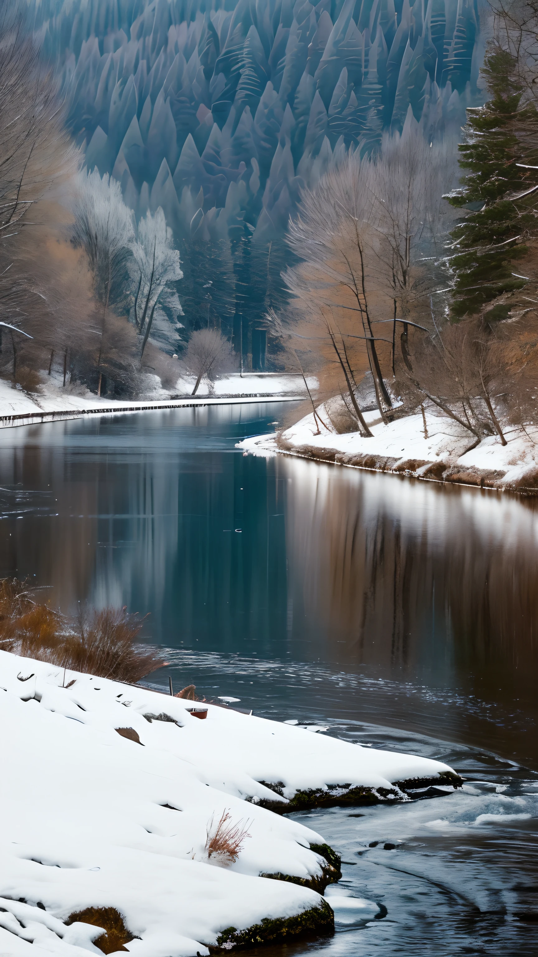 a serene masterpiece captured in ultra-detailed 8k resolution. The image showcases a solitary boat gently floating on a cold river, An old man dressed in a raincoat ,Wear a cape on his head,peacefully fishing alone in this tranquil setting. The atmosphere is serene and peaceful, with the snowy landscape creating a sense of calmness. The image portrays the serenity of the moment, with the solitary boat and the old man adding a touch of nostalgia. The cold river and the snow emphasize the quietness and stillness of the scene, creating a harmonious and peaceful ambiance --auto