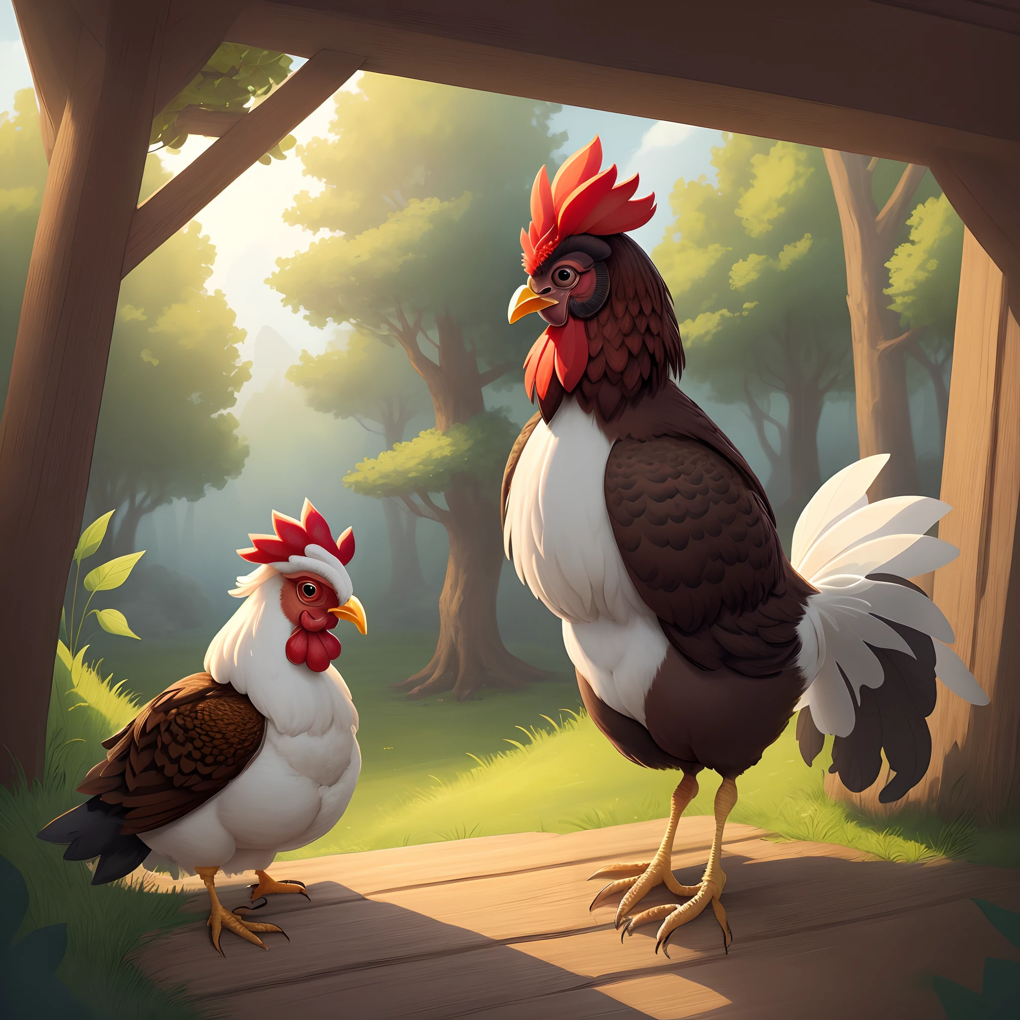 Illustration for a fairy tale about a ryaba chicken who knows how to talk to people.