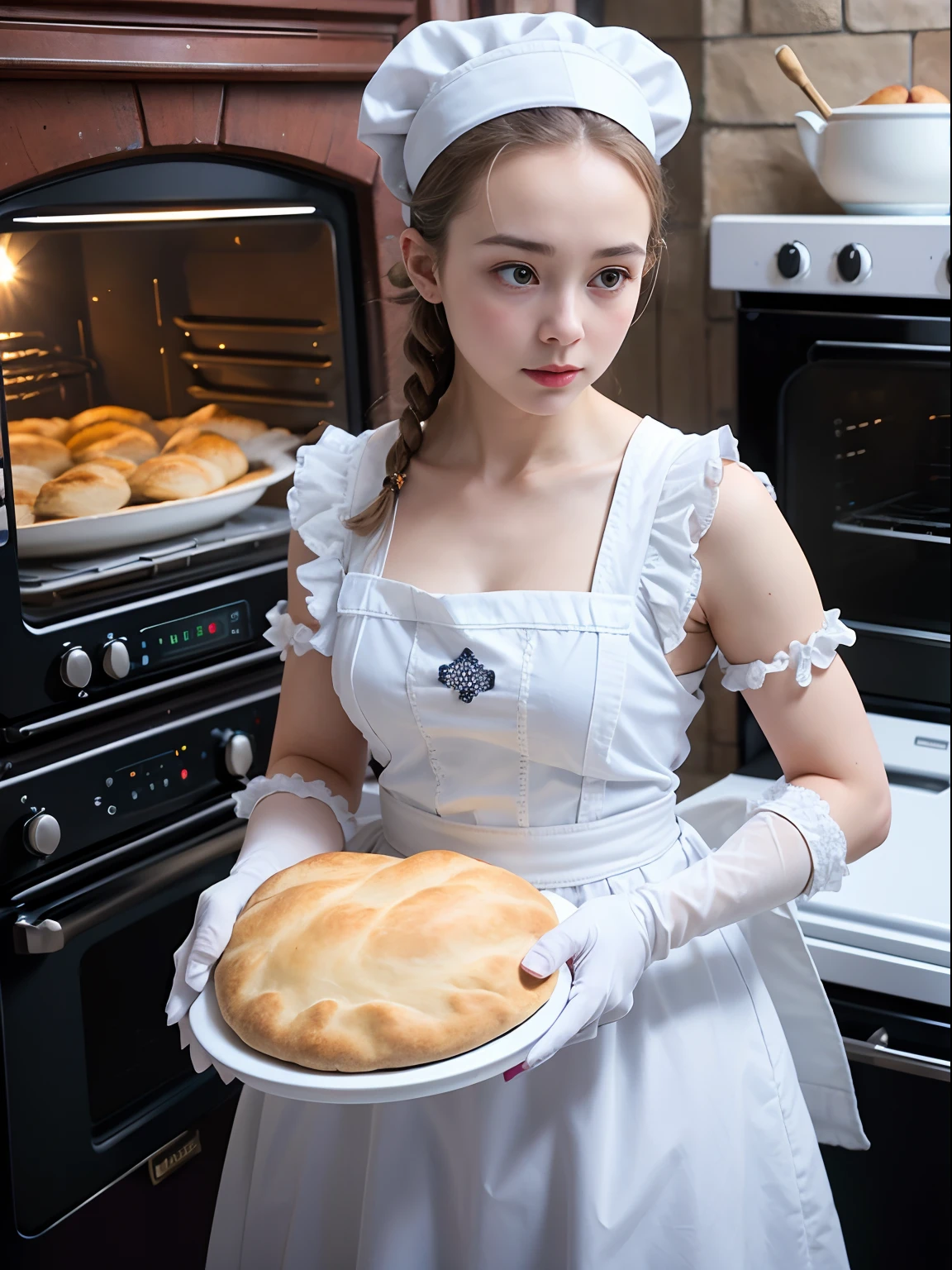 europe, (1600s), dynamic angle, 1girl, solo, loli, (worried), forehead, traditional maid, (make dough), (dough roller), (((gloves, oven mitt))), ((dynamic angle)), chef hat , flour in bowl, circle white dough , (Masterpiece:1.3), (8K, Photorealistic, Raw photography, Best Quality:1.4), (Ultra high Detailed),