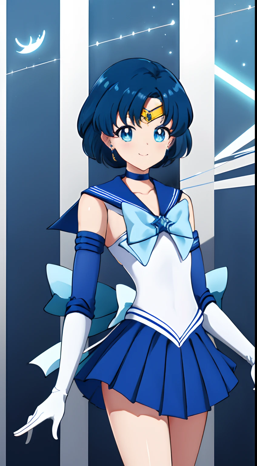 ​masterpiece, top-quality, Hi-Res, Mer1, tiarra, Sailor Senshi Uniform, Blue sailor color, the bow, knee boots, a choker, white glove, Blue choker, elbowgloves, jewely, 耳Nipple Ring, a blue skirt, cowboy  shot, is standing, spaces_Background、mercury、A smile,Sailor Mercury,look at viewer,a smile