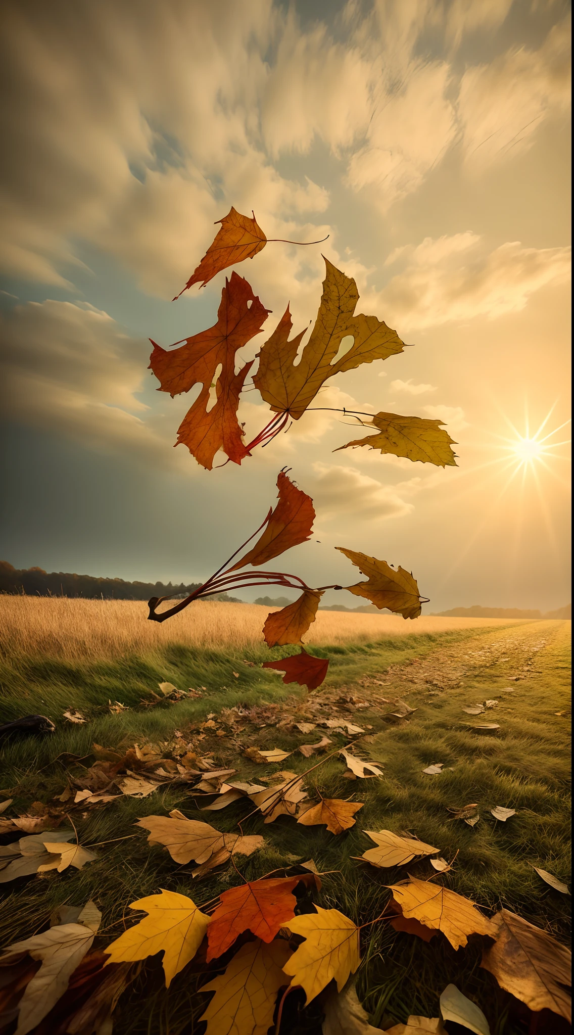 Autumn leaves,Fallen leaves,grassy fields,8K,Award-winning photography